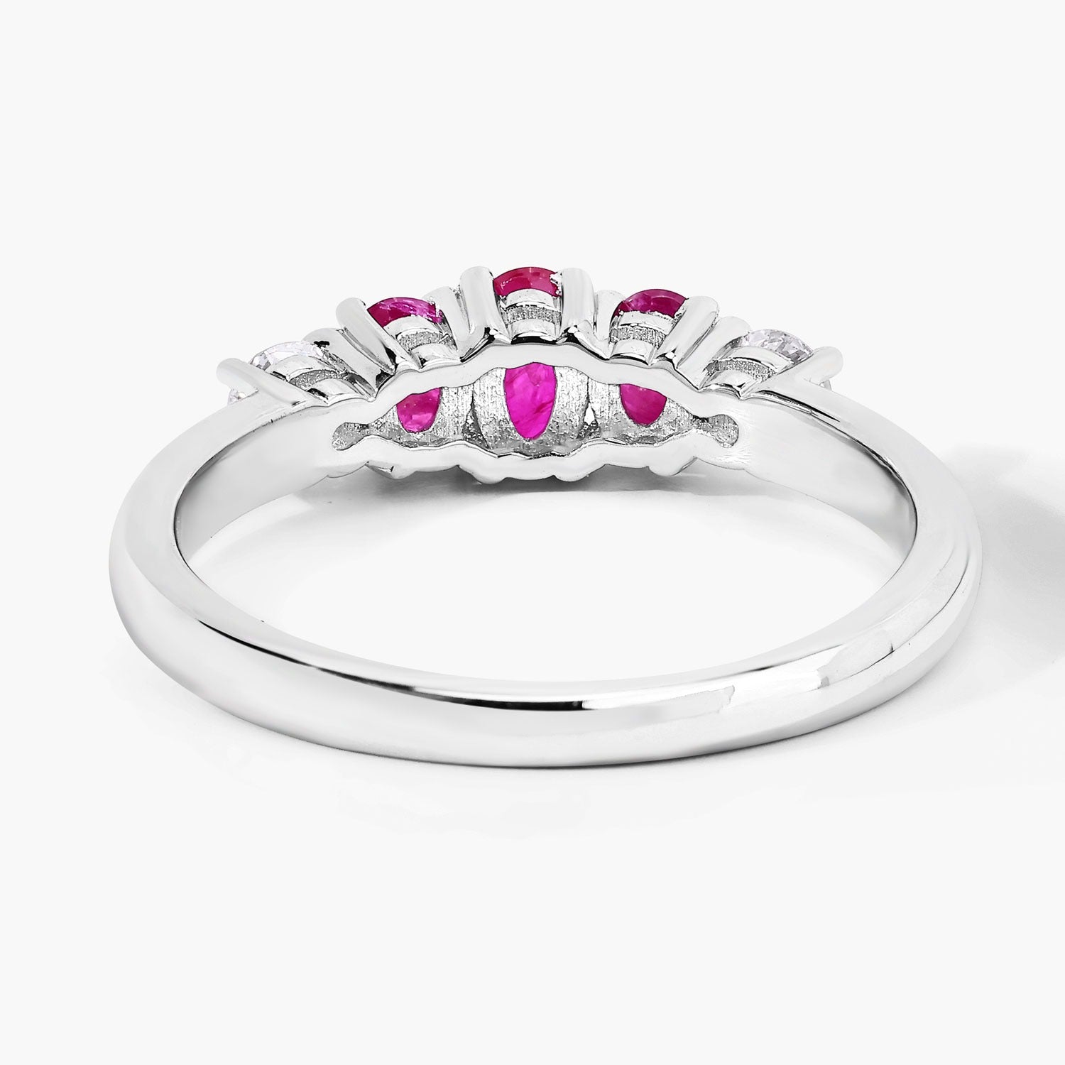 0.84 Ct Genuine Pink Ruby and Lab Diamond 5 Stone Silver Ring
