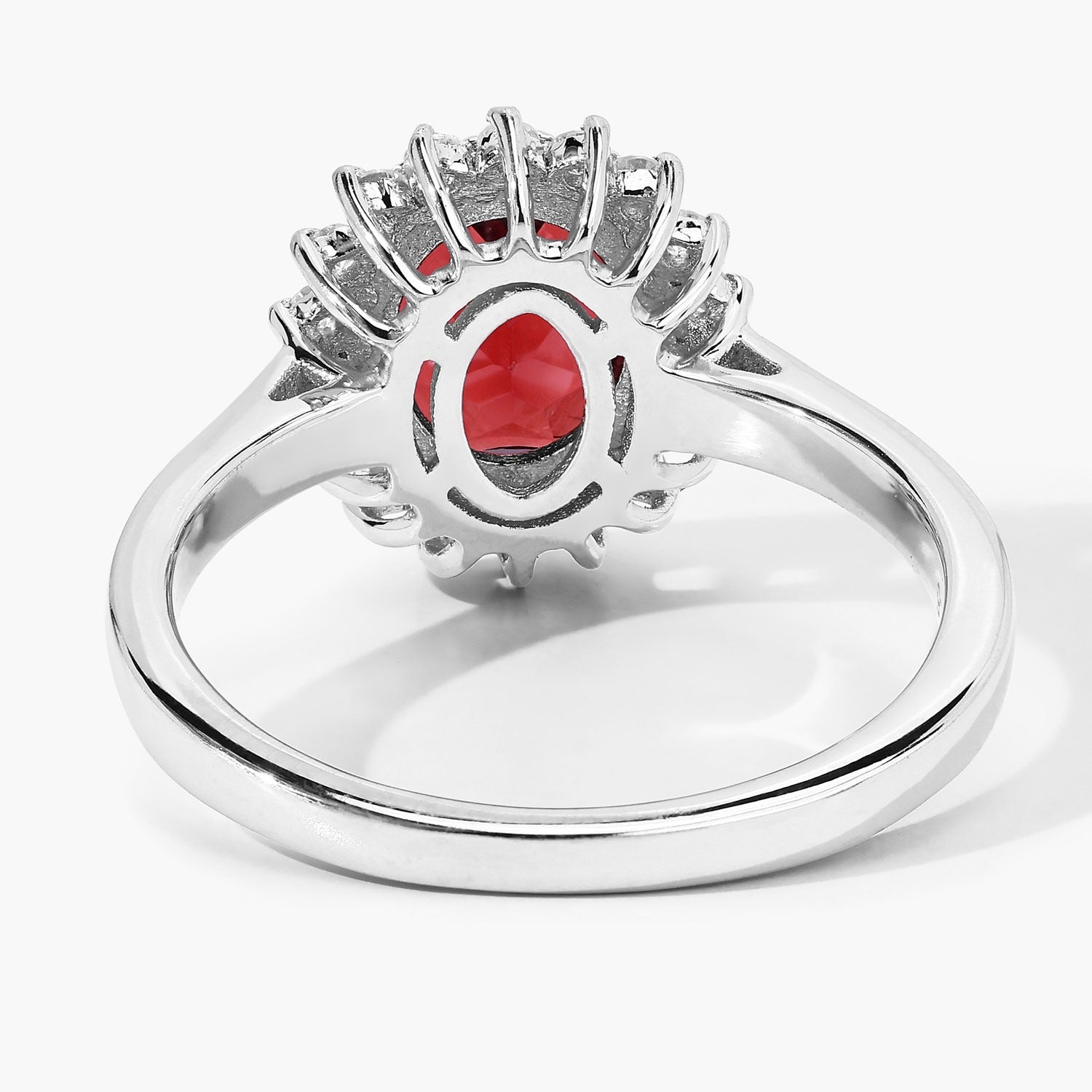 2 Ct Oval Red Mozambique Garnet and Lab Diamond Prong Silver Halo Ring