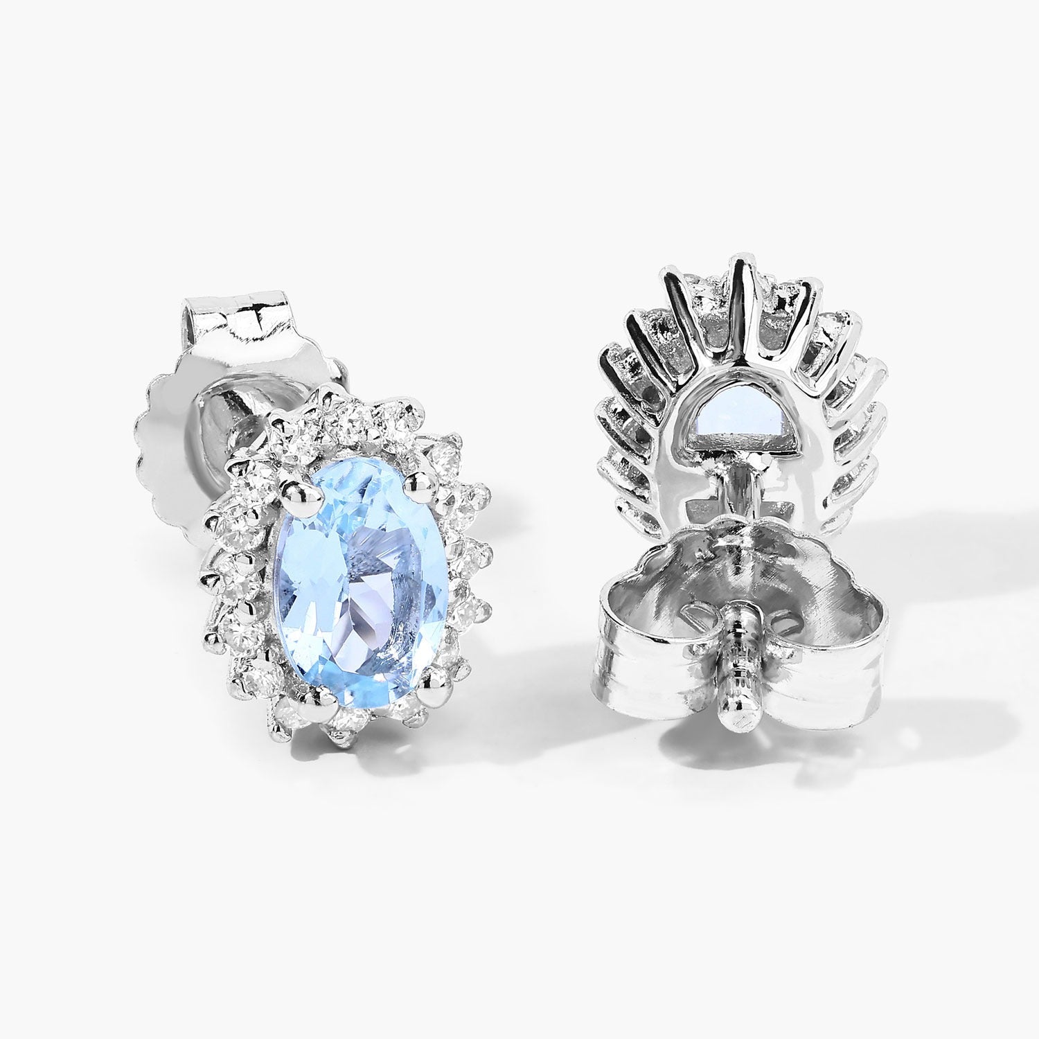 Genuine Aquamarine Lab Diamond Silver Halo Earrings