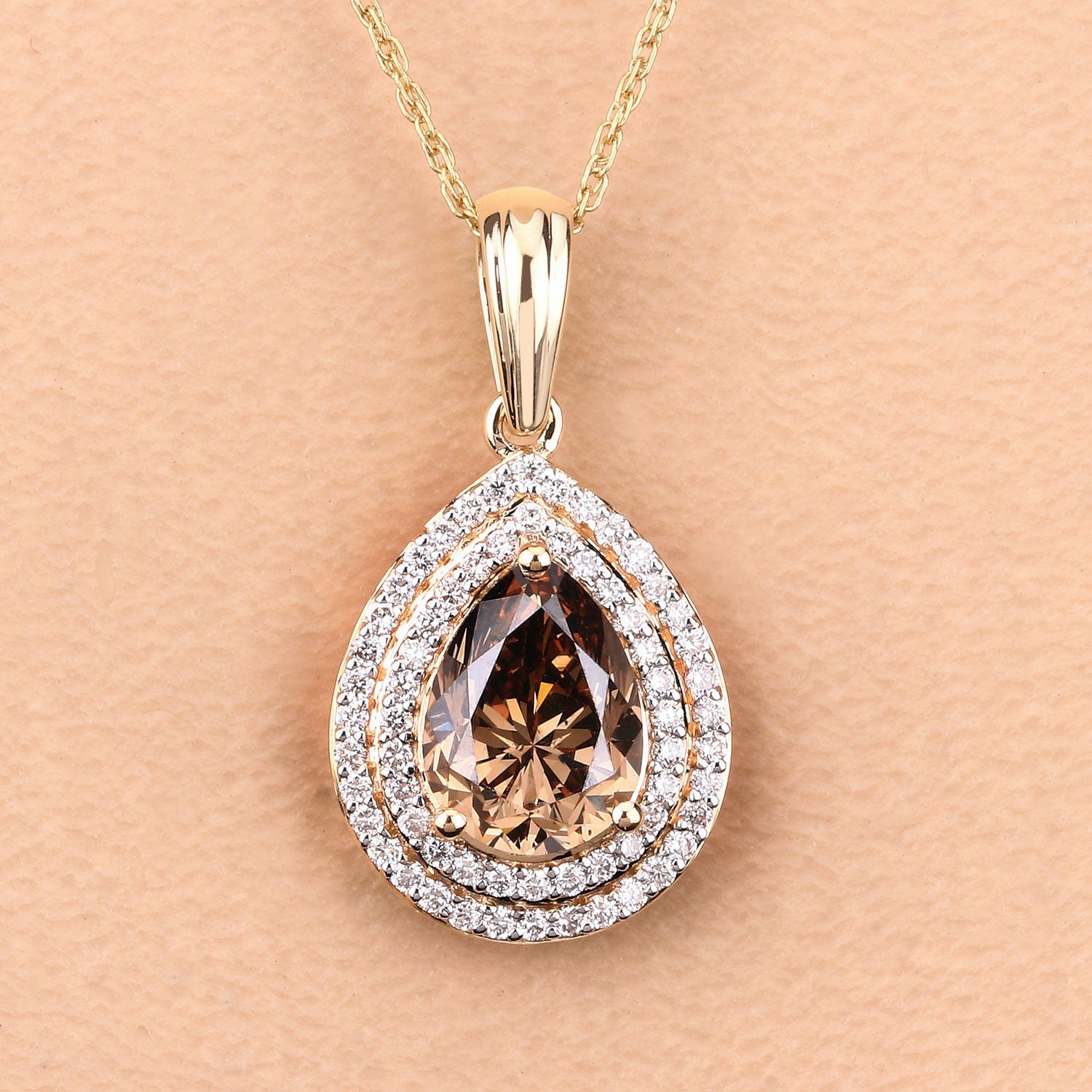 2.01 Ct Genuine Pear Brown Diamond  18K Yellow Gold Statement Pendant