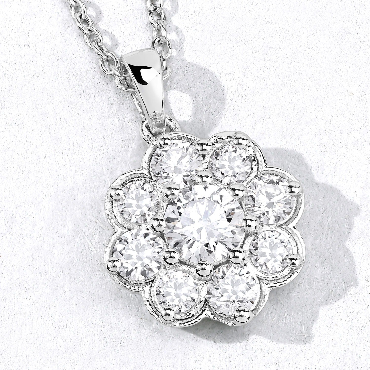 1 Cttw Round Lab Diamond Prong Rhodium Plated Silver Scalloped Floral Halo Cluster Pendant