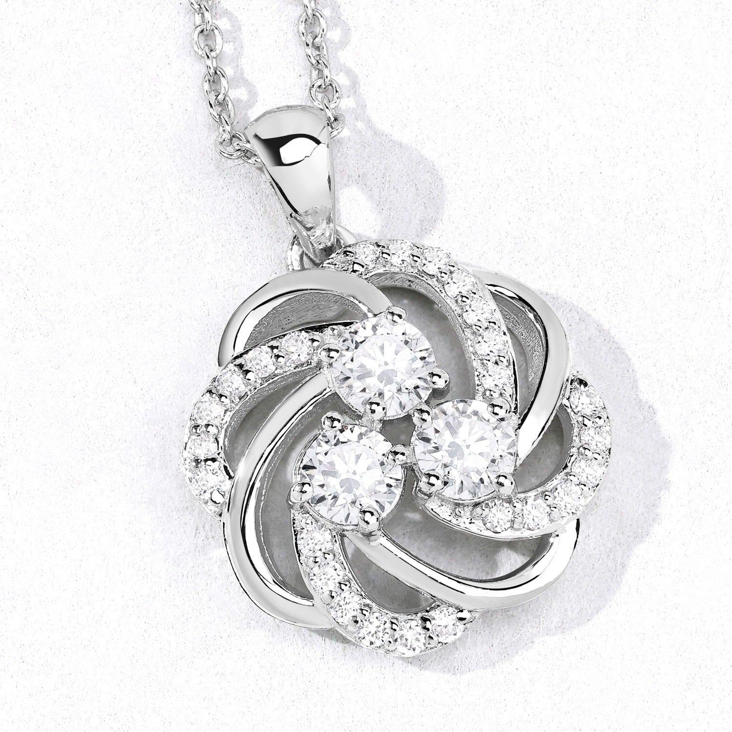 1 Cttw Round Lab Diamond Prong Rhodium Plated Silver Three Stone Swirl Flower Pendant