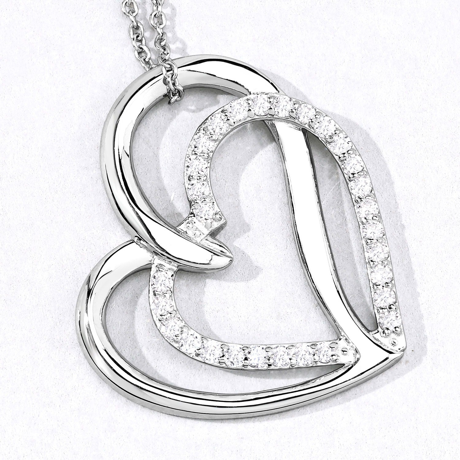 0.52 Cttw Round Lab Diamond Prong Rhodium Plated Silver Intertwined Double Heart Pendant