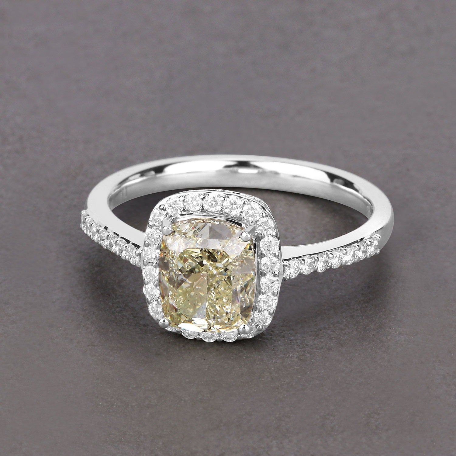 2.05 Ct Cushion Cut Genuine Yellow Diamond 18K White Gold Pave Ring
