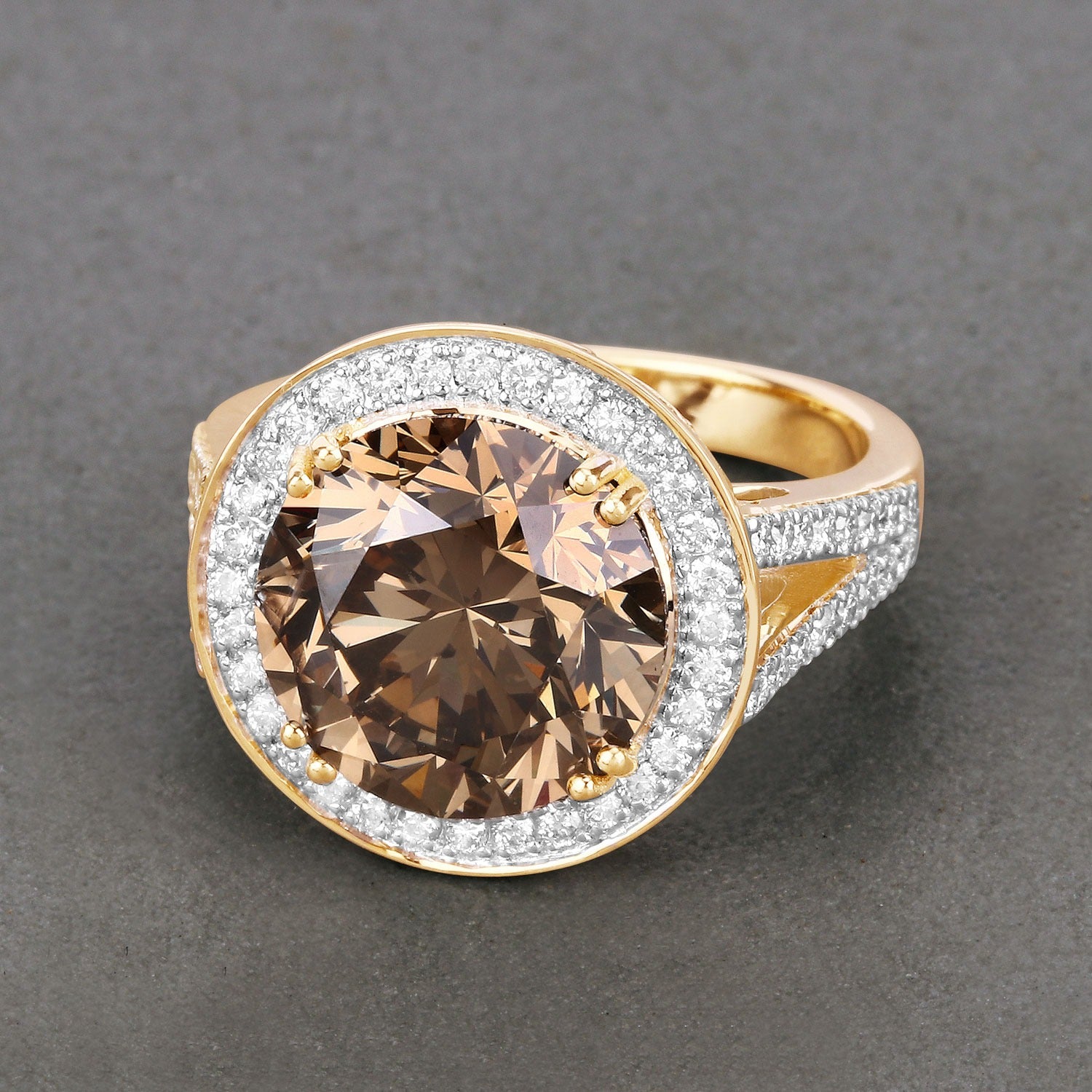 7.07 Ct Genuine Round Brown Diamond 18K Yellow Gold Halo Ring