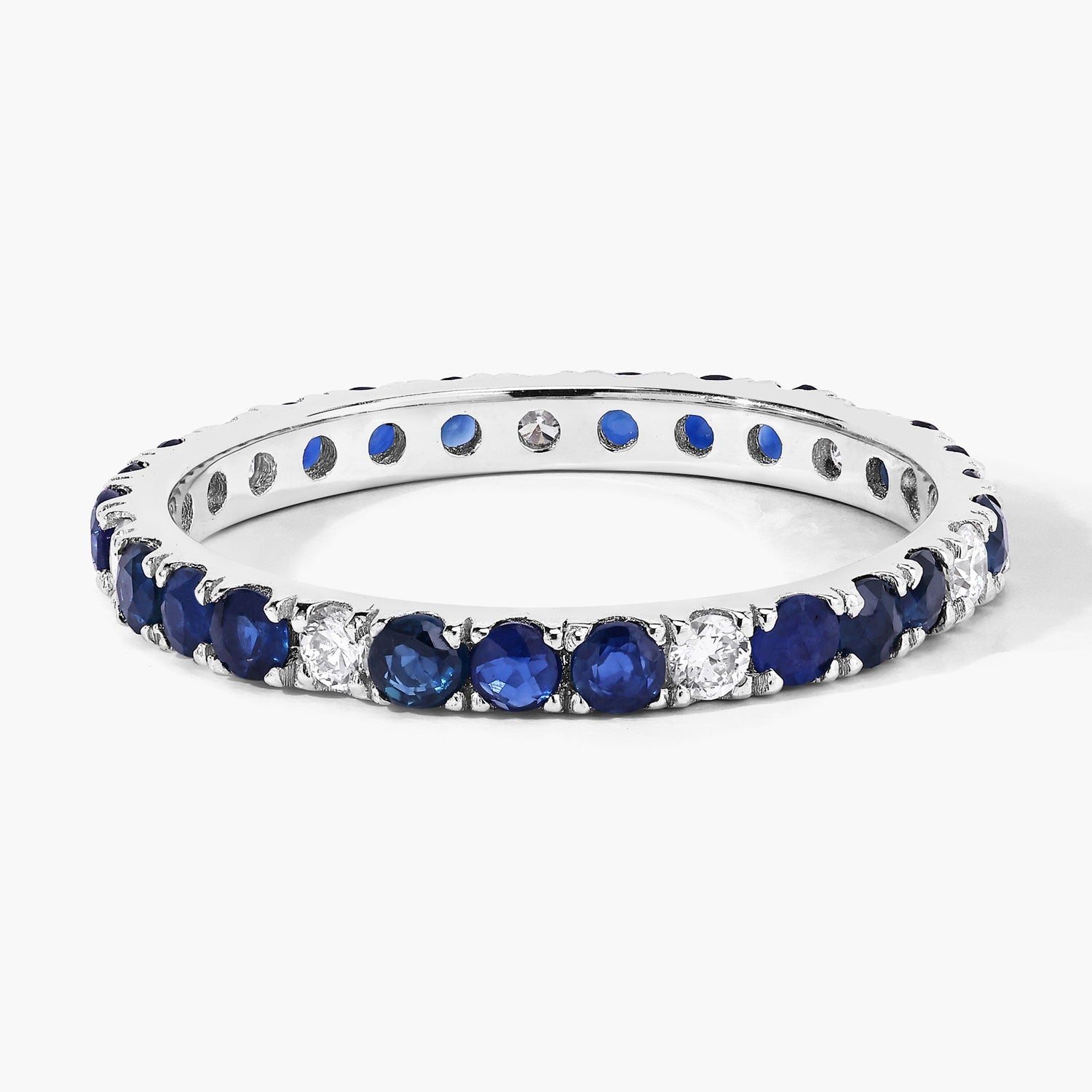 1.26 Ct Genuine Blue Sapphire and Lab Diamond Silver Eternity Ring Fine Color Jewels