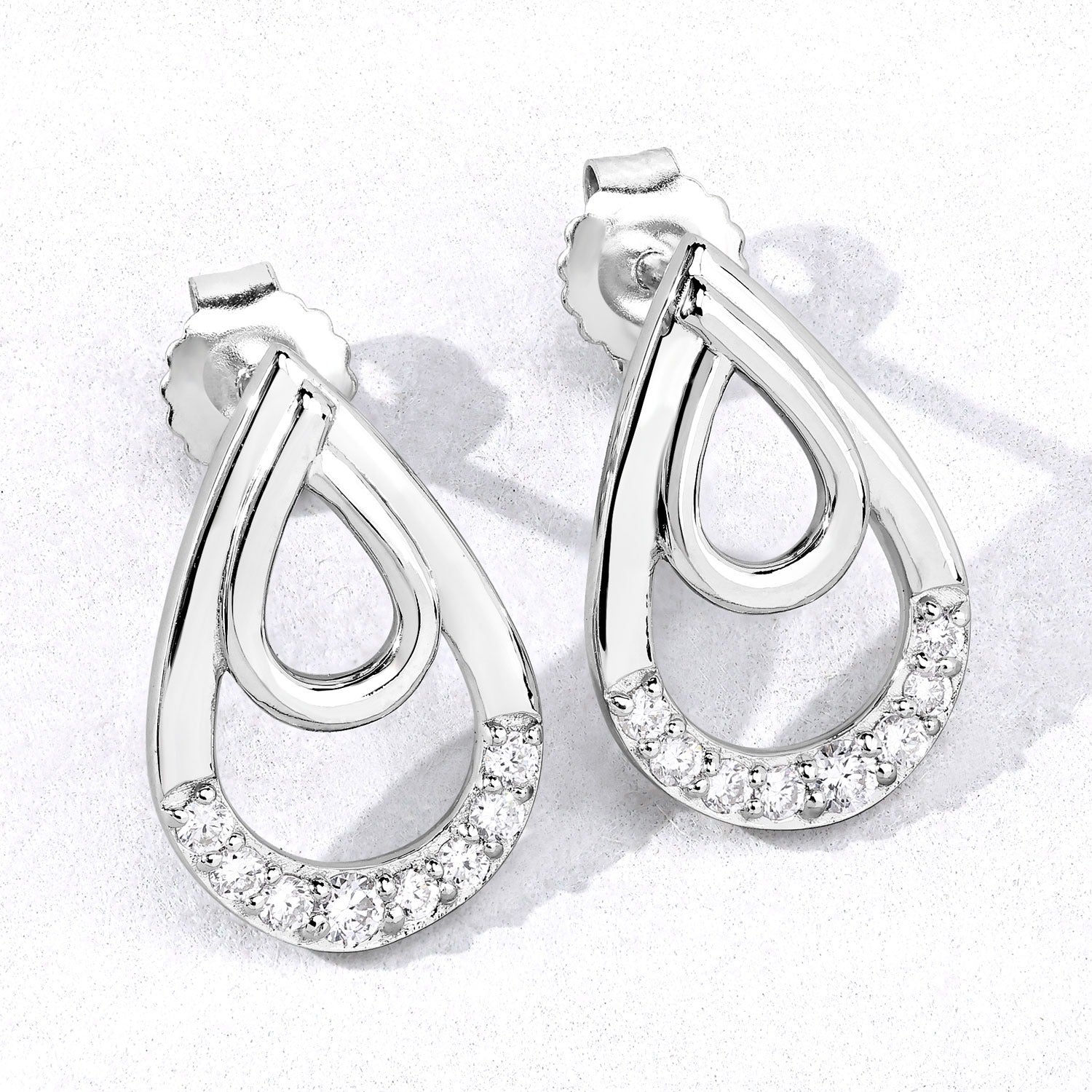 0.33 Cttw Round White Lab Diamond Pavé Rhodium Plated Silver Double Teardrop Stud Earrings