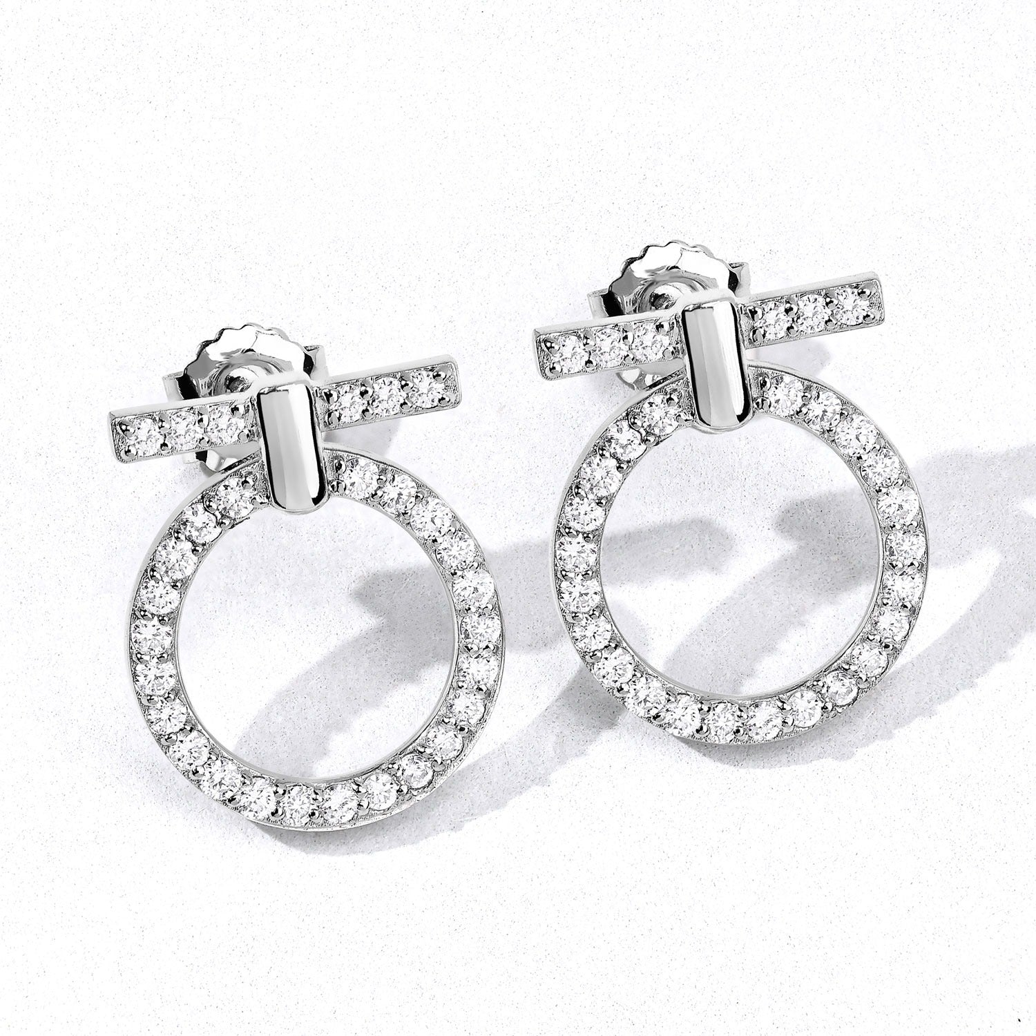 1.01 Cttw Round White Lab Diamond Pavé Rhodium Plated Silver T-Bar Open Circle Drop Earrings