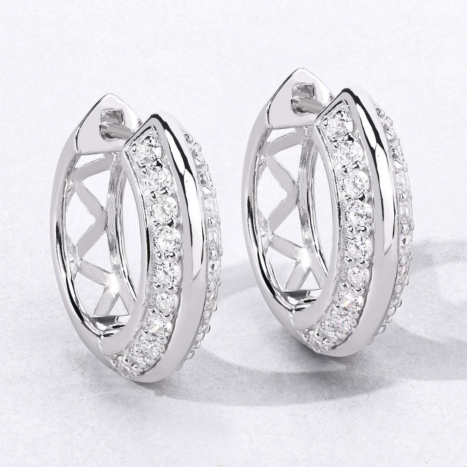 1.00 Cttw Round White Lab Diamond Pavé Rhodium Plated Silver Double Row Huggie Hoop Earrings
