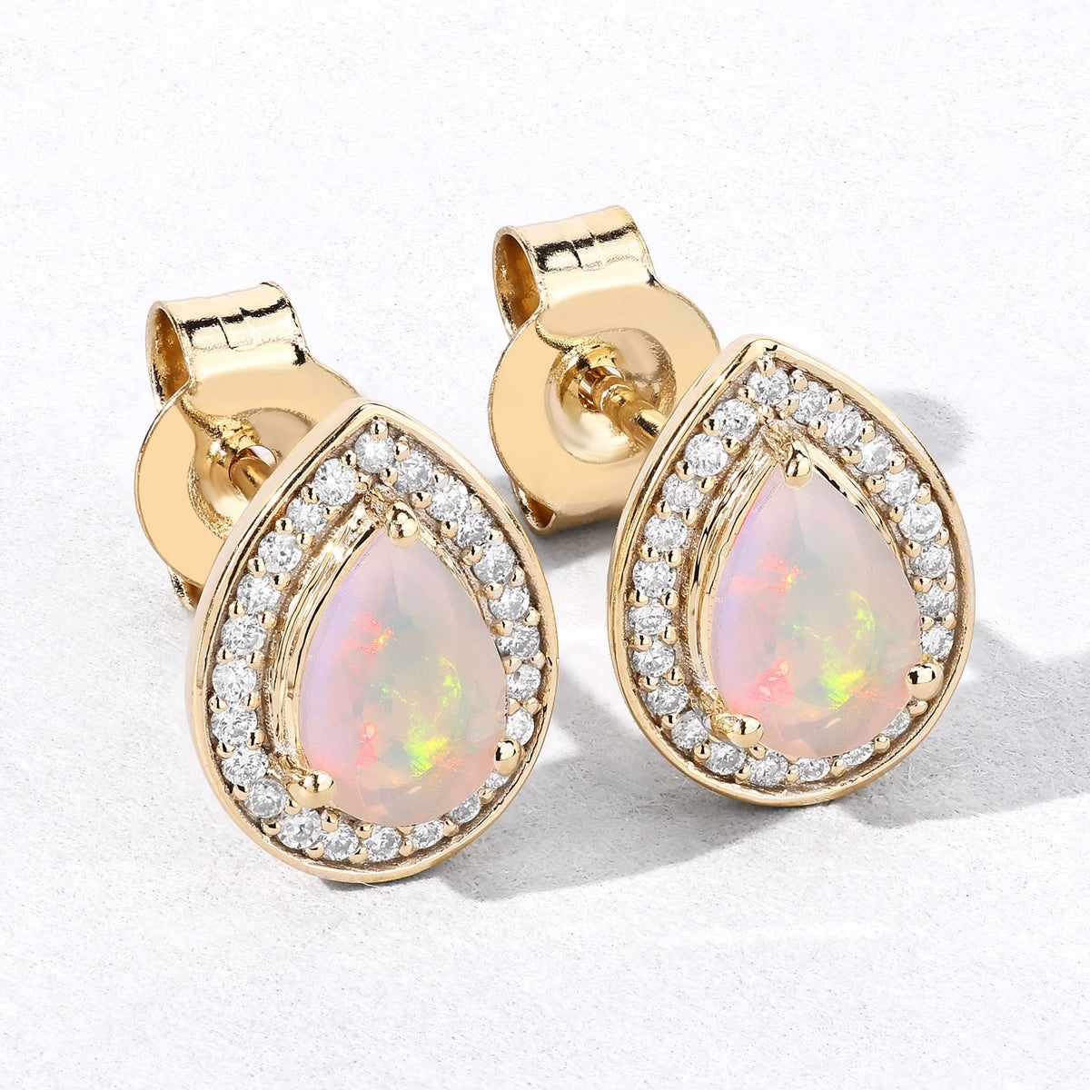0.64 Cttw Pear White Ethiopian Opal White Diamond 14K Yellow Gold Halo Stud Earrings