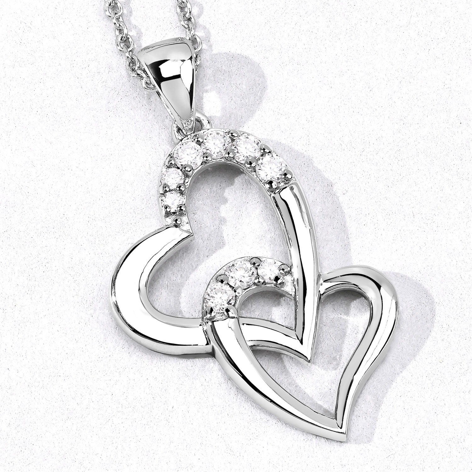 0.26 Cttw Round Lab Diamond Prong Rhodium Plated Silver Intertwined Double Heart Pendant