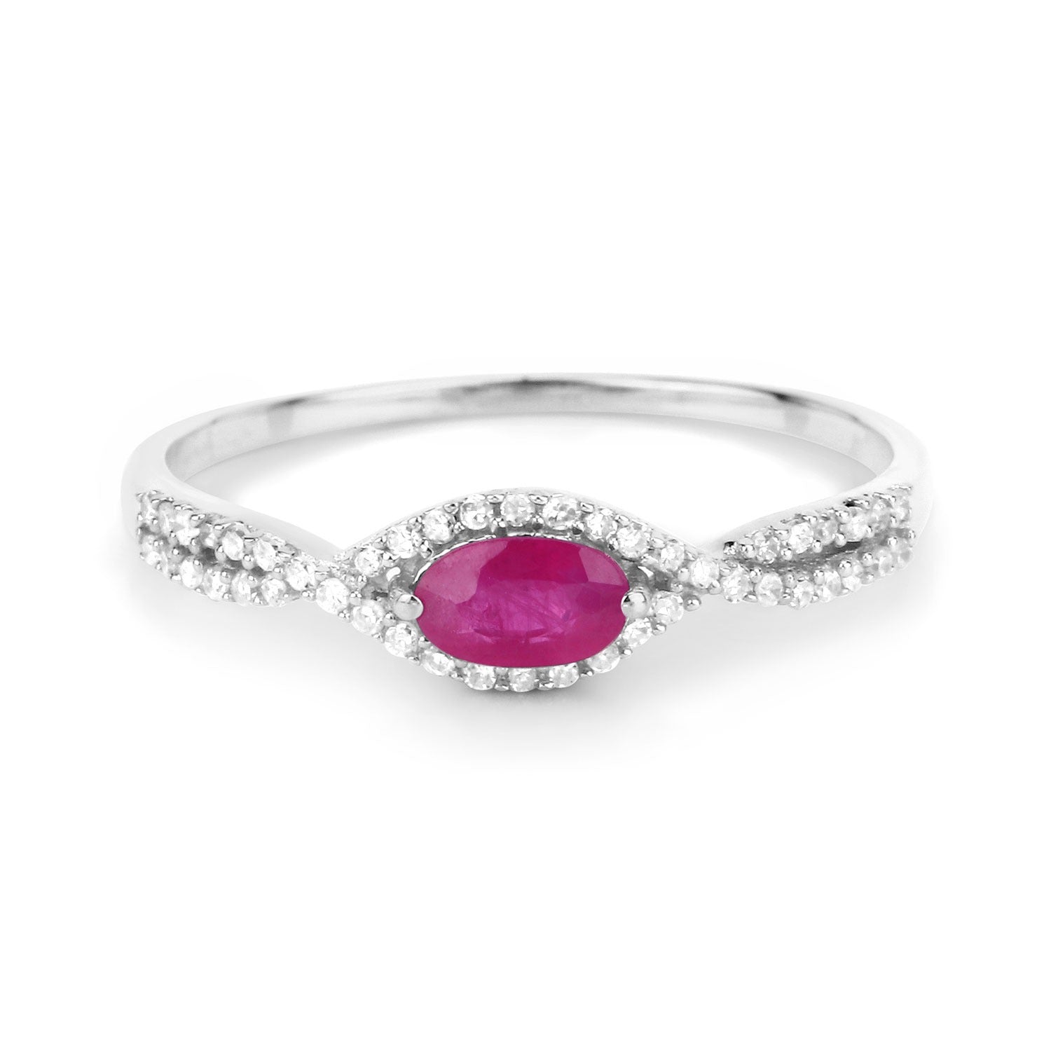 0.40 Ct Oval Shaped Pink Ruby and White Diamond 14K White Gold Crossover Halo Ring