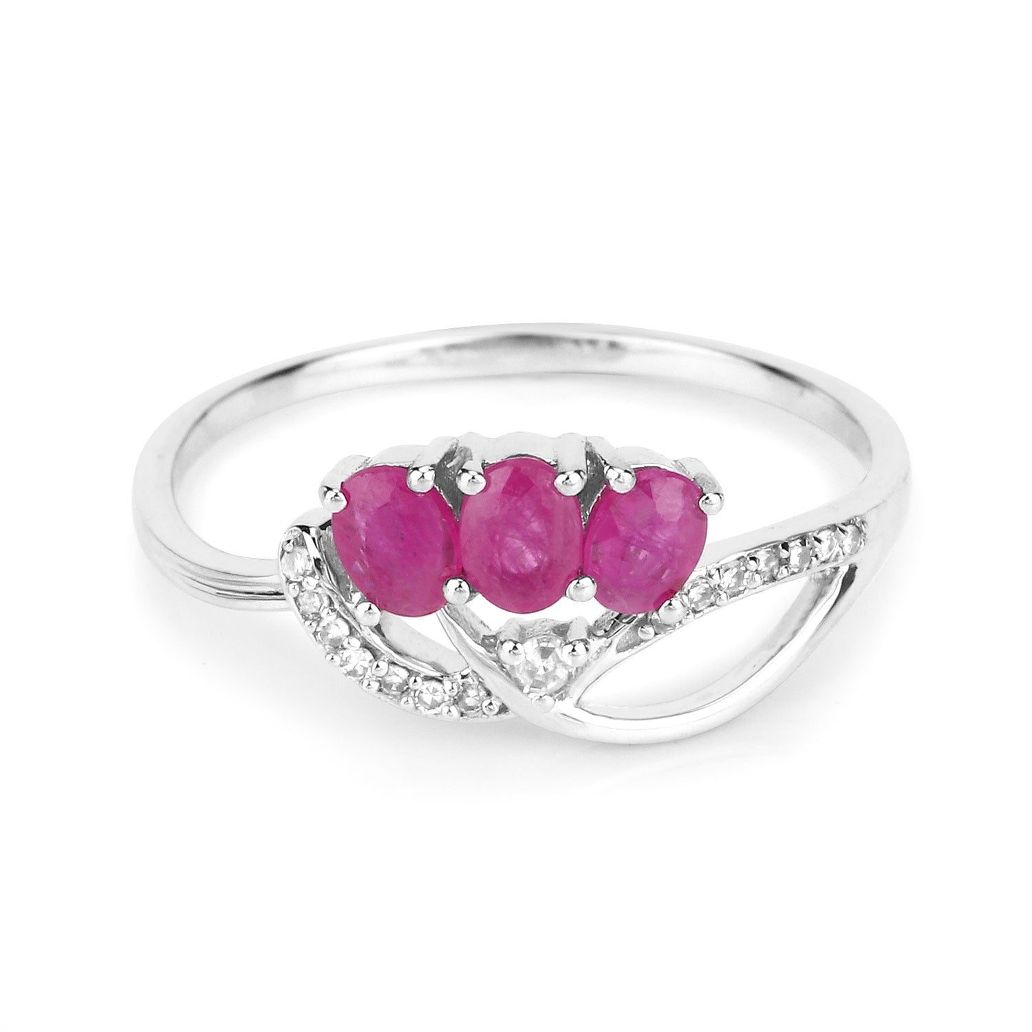 0.72 Ct Oval Shaped Pink Ruby and White Diamond Prong 14K White Gold Pave Three Stone Knot Ring