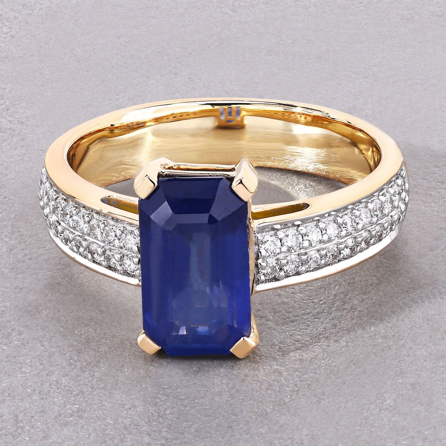 3.14 Ct Octagon Ceylon Blue Sapphire and White Diamond Prong 18K Yellow Gold Pave Bridge Ring