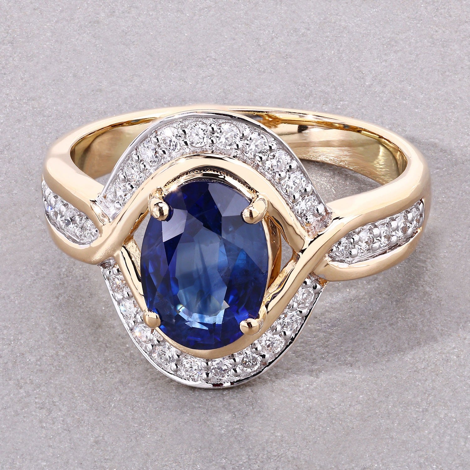 2.37 Ct Oval Ceylon Blue Sapphire and White Diamond Prong 18K Yellow Gold Pave Halo Statement Ring