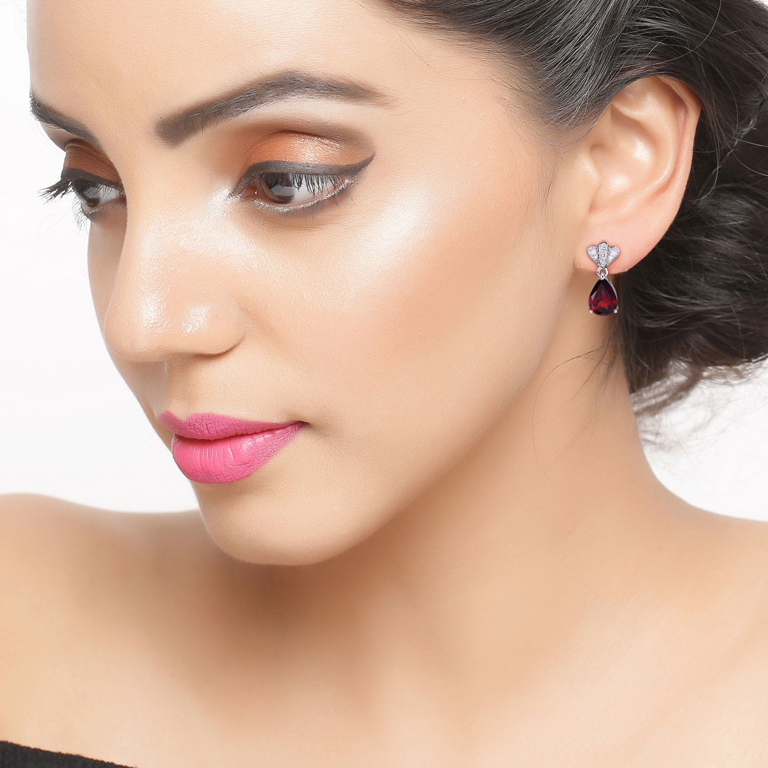 Genuine Mozambique Garnet and Lab Diamond Silver Earrings Fine Color Jewels