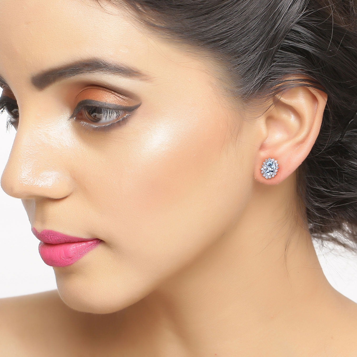 Genuine Aquamarine Lab Diamond Silver Halo Earrings