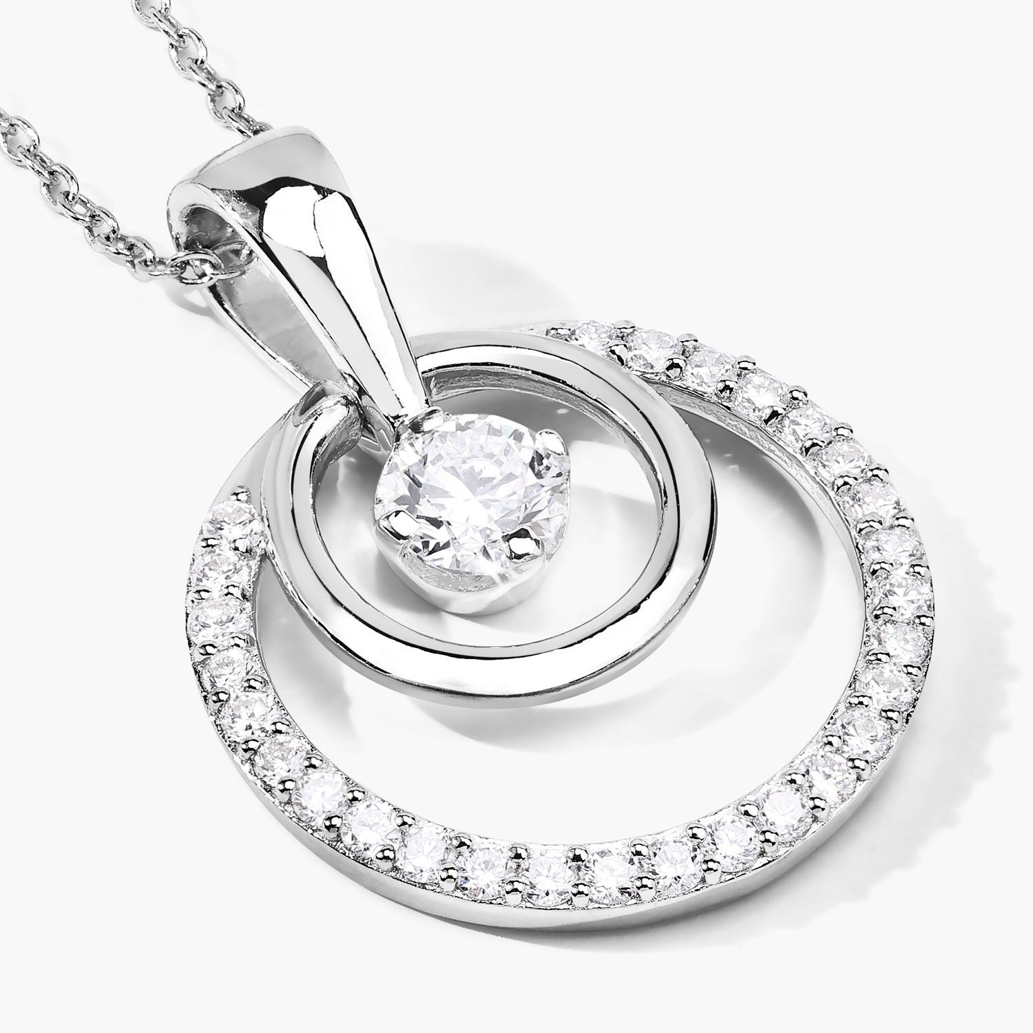 1 Cttw Round White Lab Grown Diamond Prong Rhodium Plated Silver Double Circle Halo Pendant