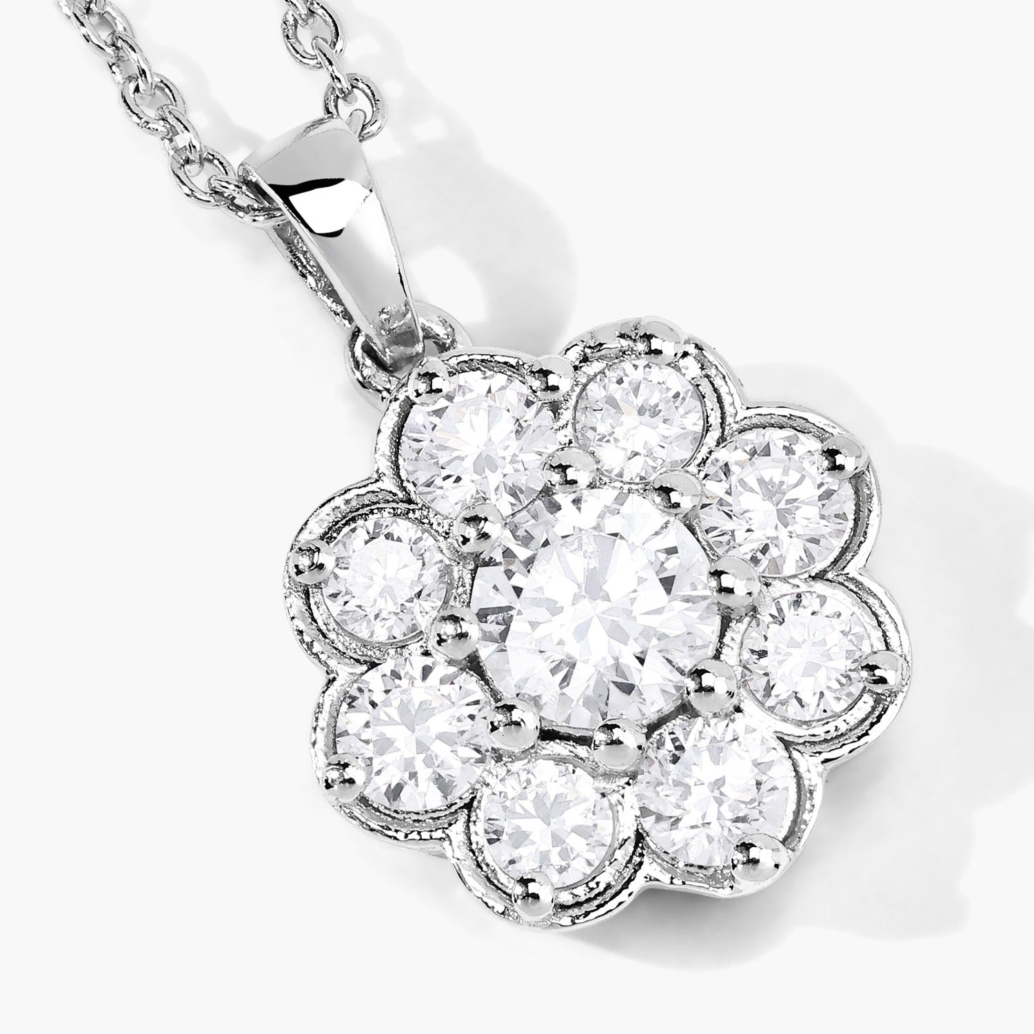 1 Cttw Round Lab Diamond Prong Rhodium Plated Silver Scalloped Floral Halo Cluster Pendant