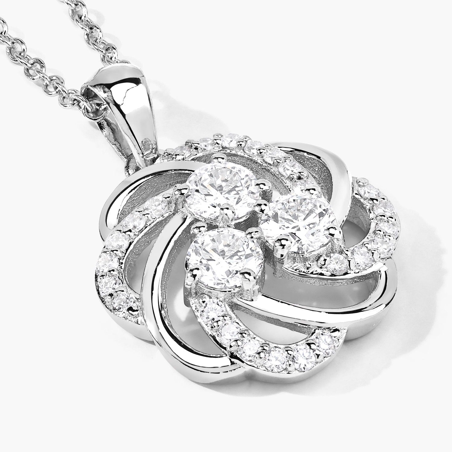 1 Cttw Round Lab Diamond Prong Rhodium Plated Silver Three Stone Swirl Flower Pendant