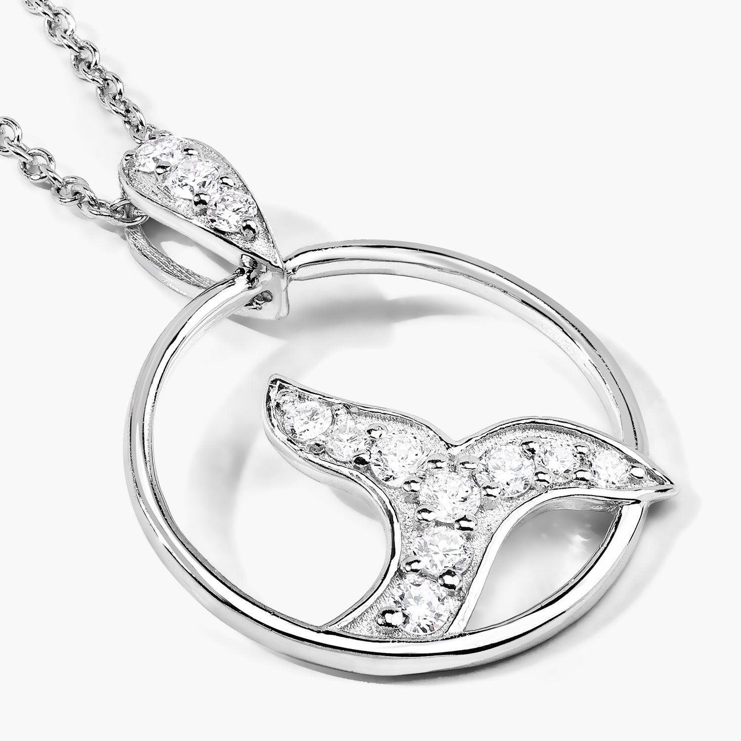 0.34 Cttw Round Lab Diamond Prong Rhodium Plated Silver Whale Tail Circle Pendant