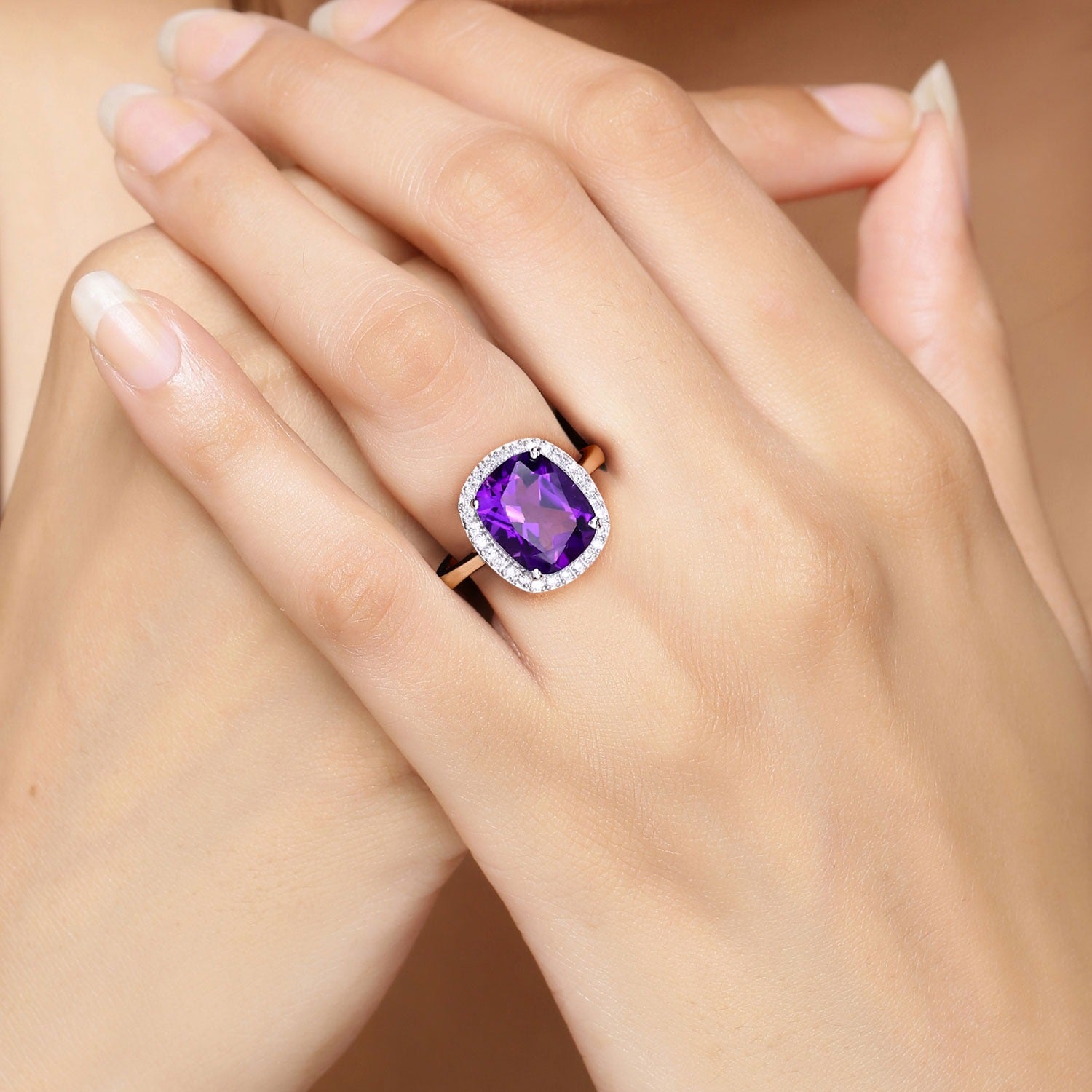 4.01 Ct Genuine Amethyst and Lab Diamond Silver Halo Ring Fine Color Jewels