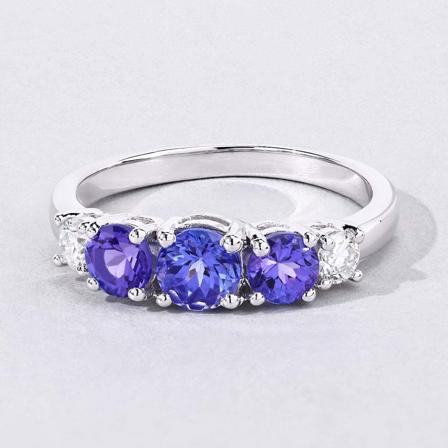 0.93 Ct Round Violet Tanzanite & Lab Diamond Prong Silver Five Stone Eternity Ring