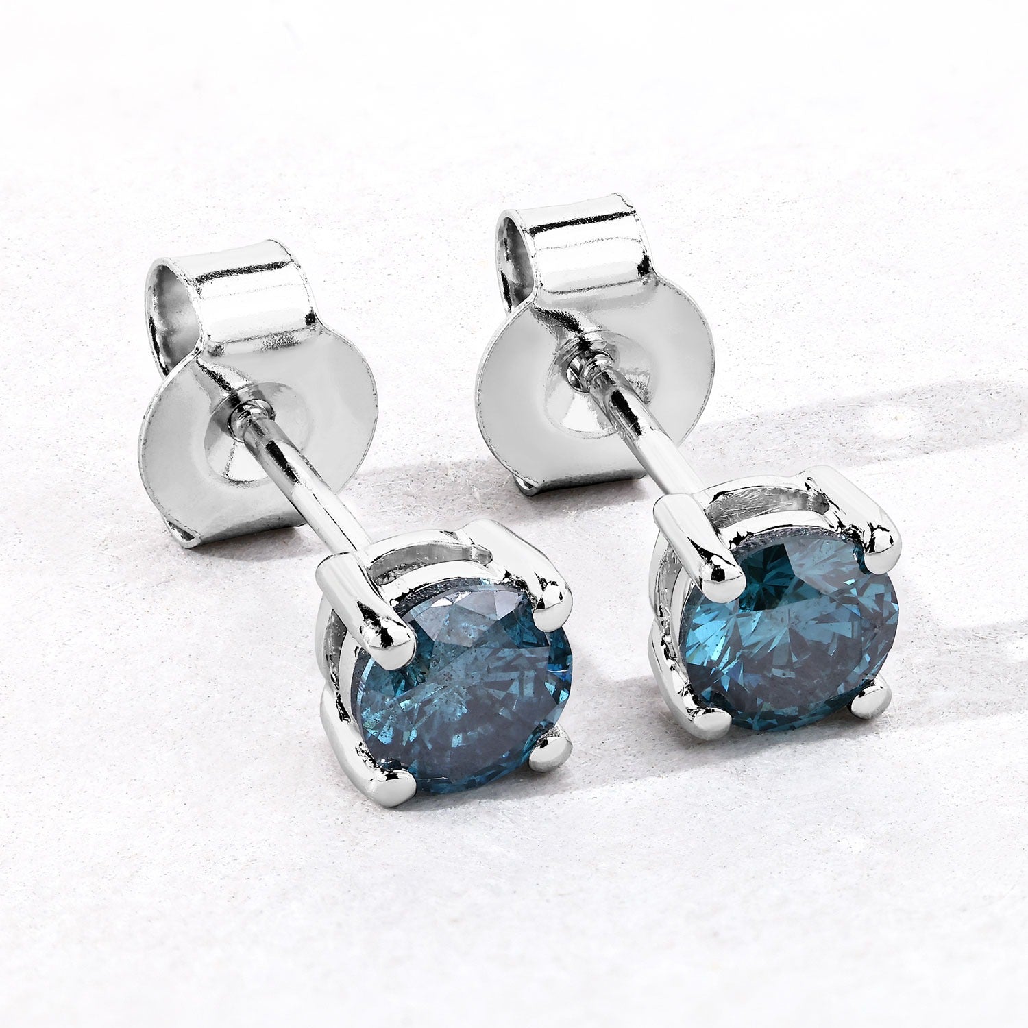 0.73 Cttw Round Teal Blue Diamond 14K Gold Solitaire Stud Earrings