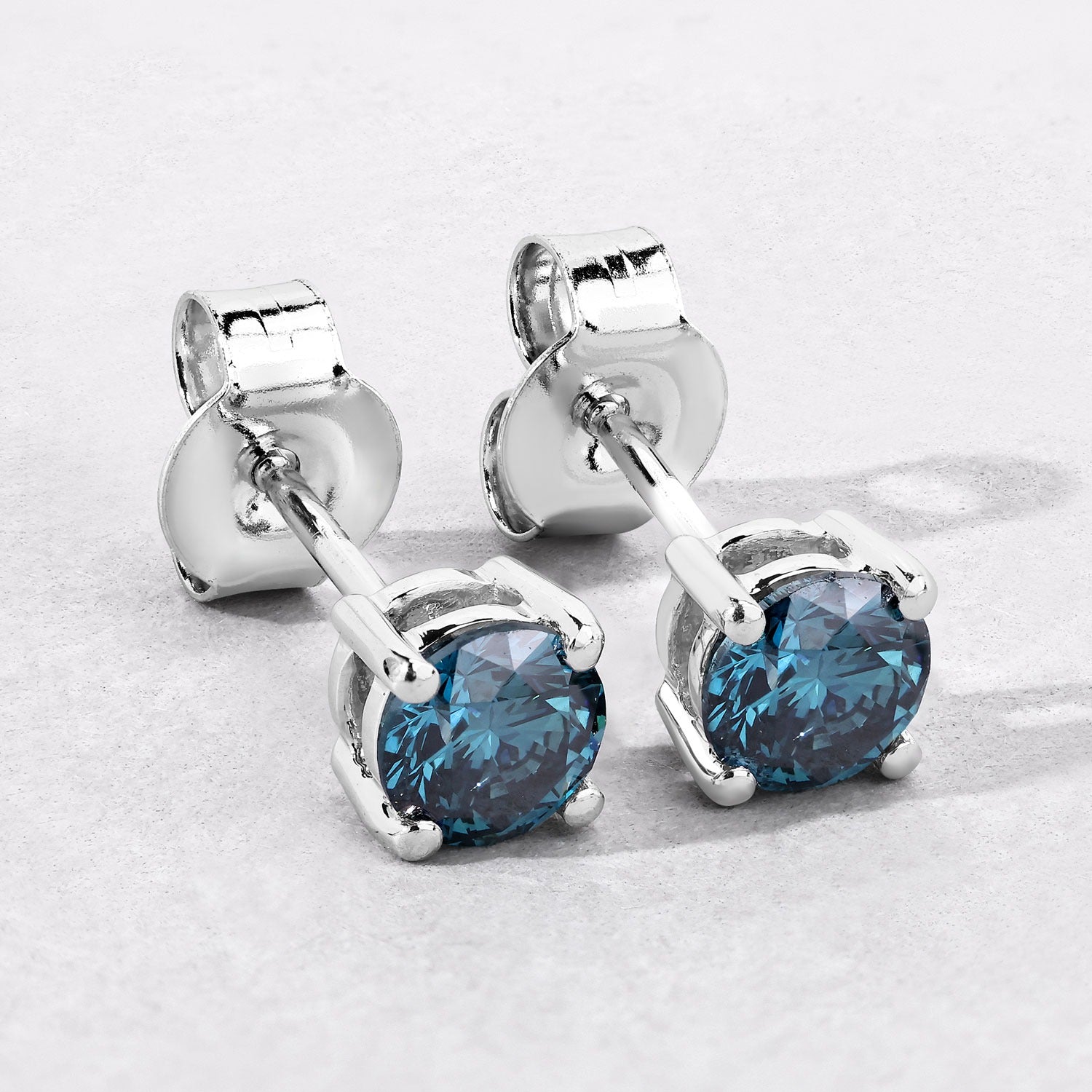 0.80 Cttw Round Teal Blue Diamond 14K Gold Solitaire Stud Earrings