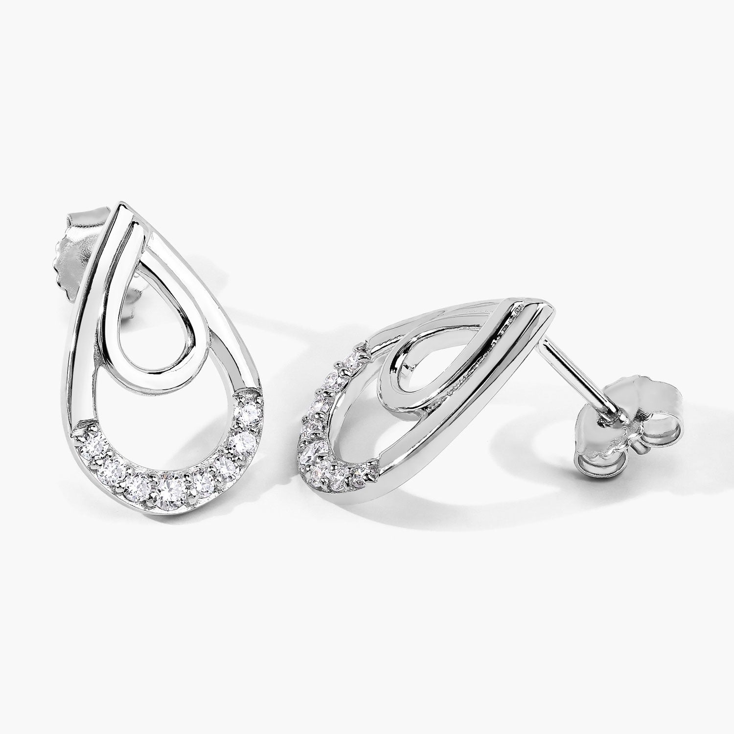 0.33 Cttw Round White Lab Diamond Pavé Rhodium Plated Silver Double Teardrop Stud Earrings