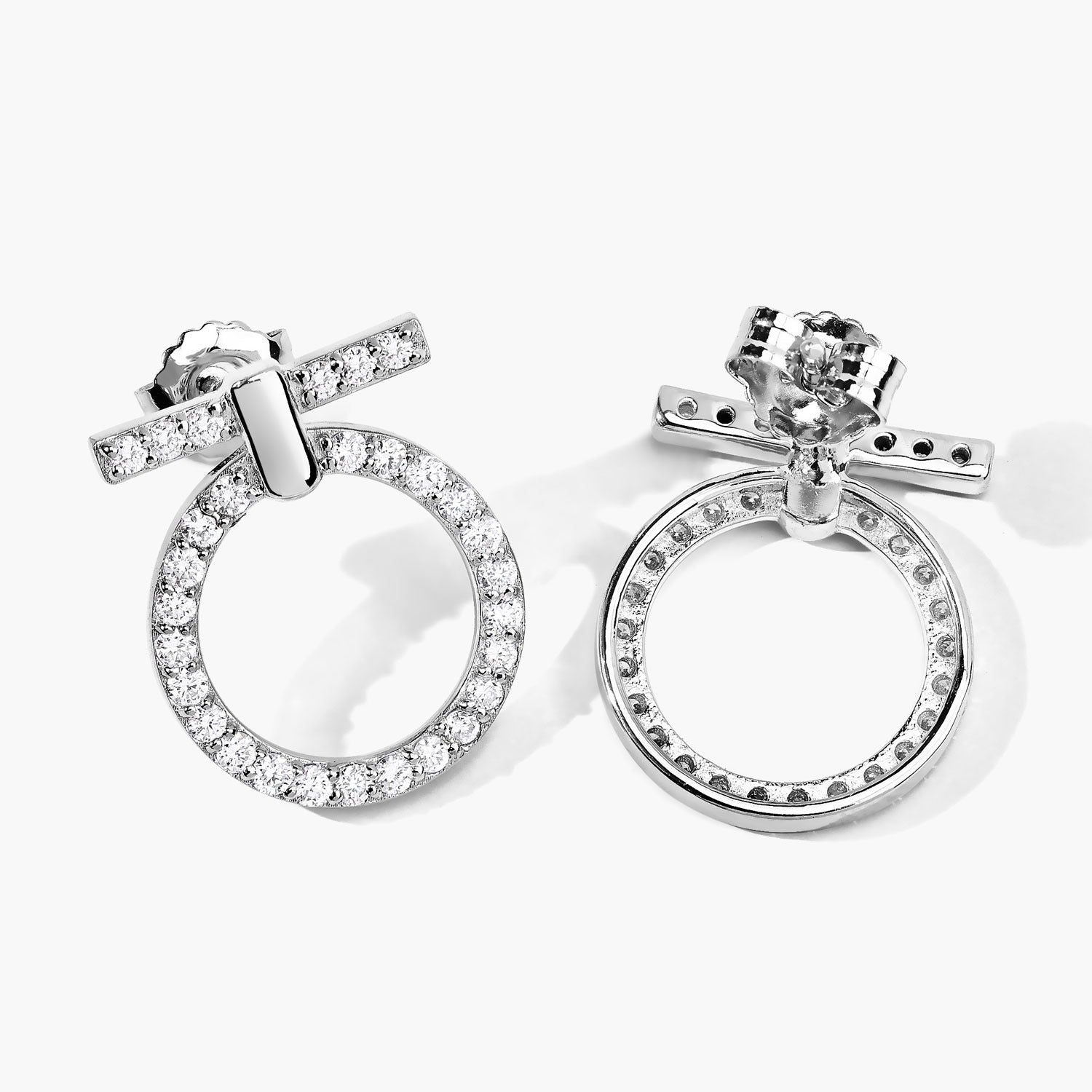 1.01 Cttw Round White Lab Diamond Pavé Rhodium Plated Silver T-Bar Open Circle Drop Earrings