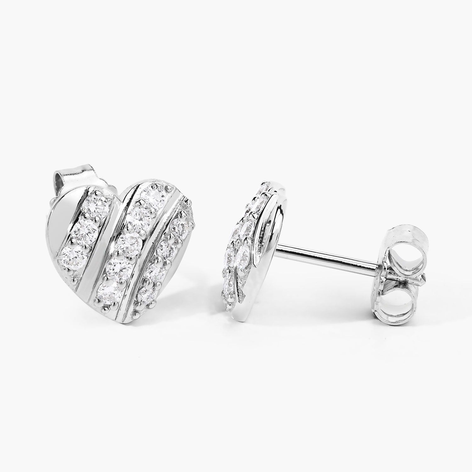 0.50 Cttw Round White Lab Diamond Pavé Rhodium Plated Silver Striped Heart Stud Earrings
