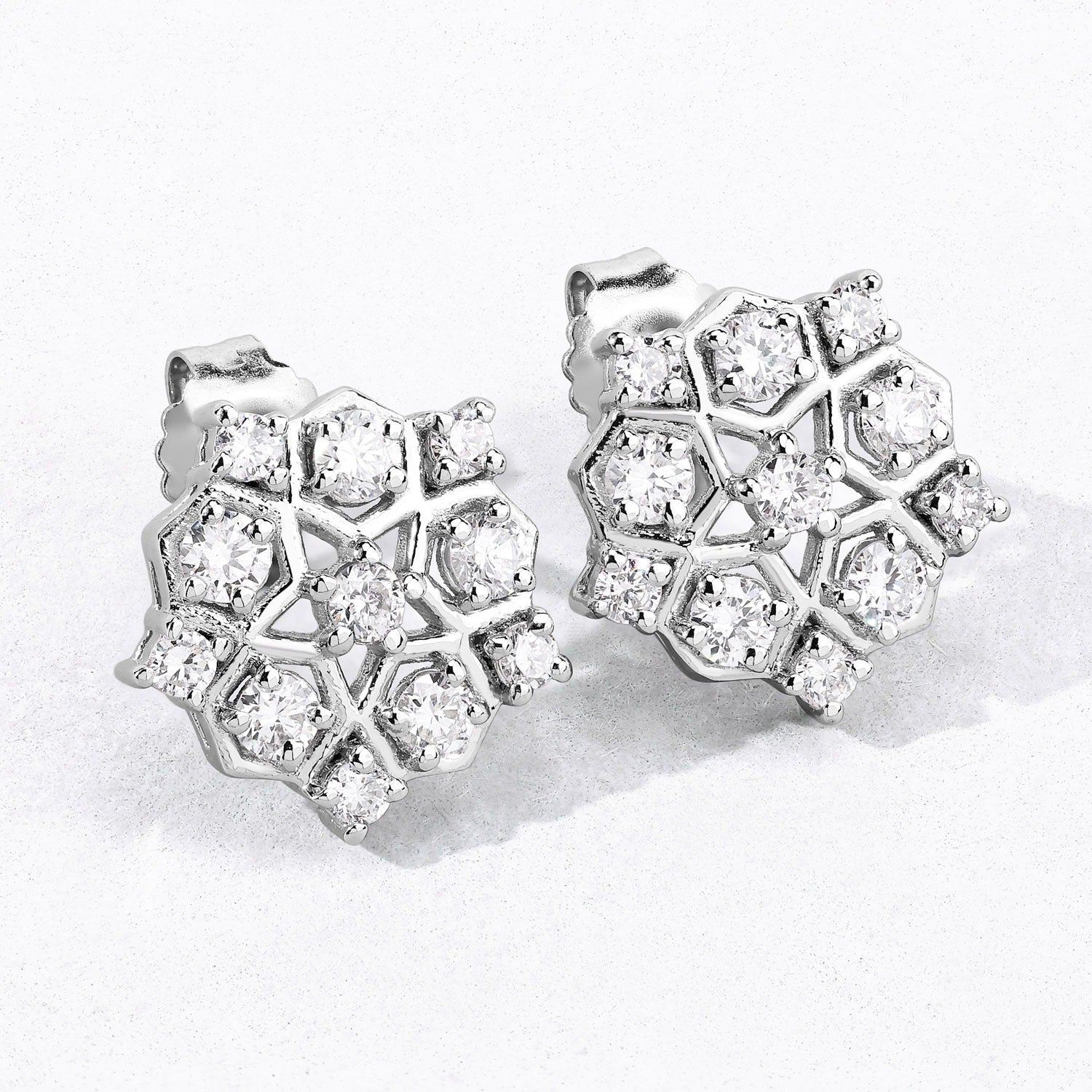 1.00 Cttw Round White Lab Diamond Prong Rhodium Plated Silver Hexagon Cluster Stud Earrings