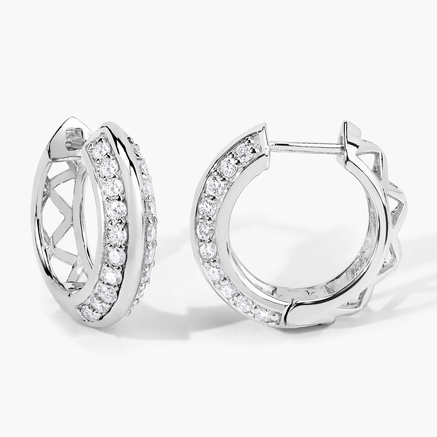 1.00 Cttw Round White Lab Diamond Pavé Rhodium Plated Silver Double Row Huggie Hoop Earrings