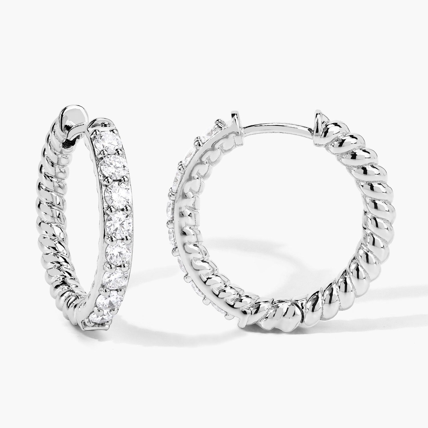 1.00 Cttw Round White Lab Diamond Shared Prong Rhodium Plated Silver Huggie Hoop Clip On Earrings