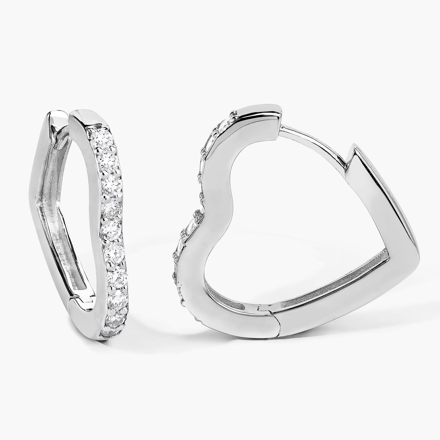 0.50 Cttw Round White Lab Diamond Prong Rhodium Plated Silver Heart Huggie Hoop Earrings