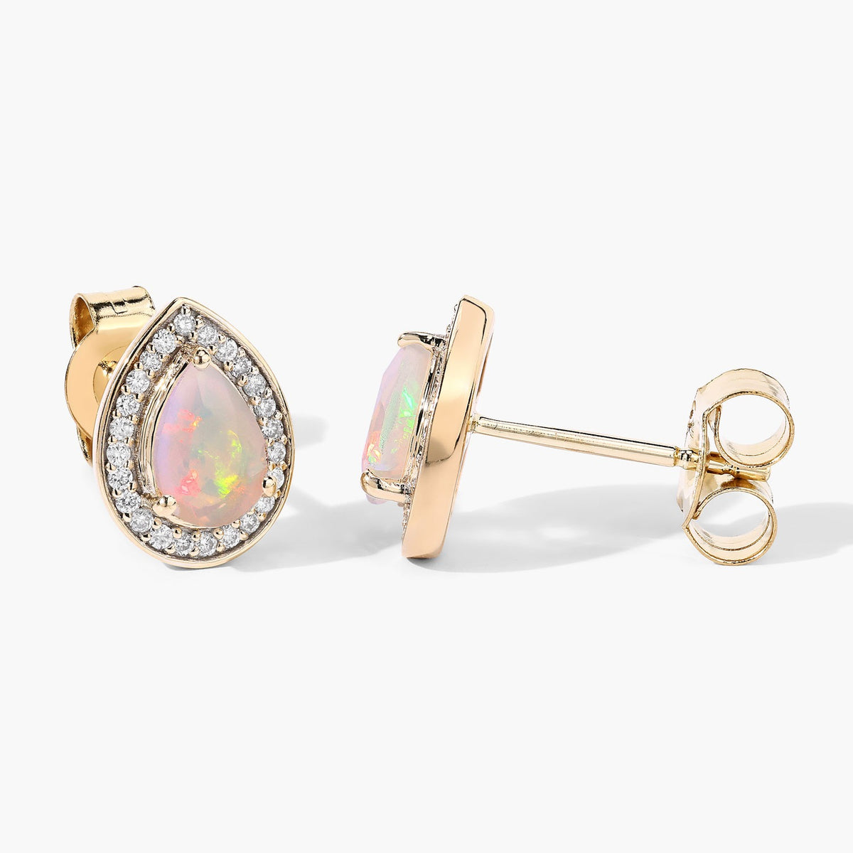 0.64 Cttw Pear White Ethiopian Opal White Diamond 14K Yellow Gold Halo Stud Earrings