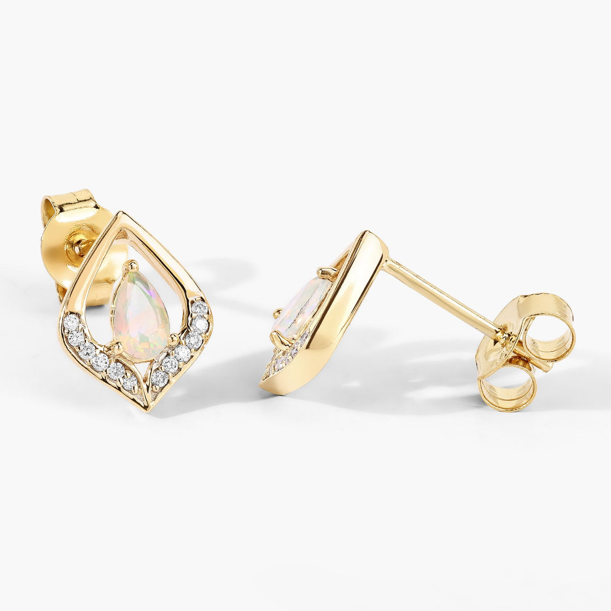 0.34 Cttw Pear White Ethiopian Opal White Natural Diamond 14K Yellow Gold Stud Earrings
