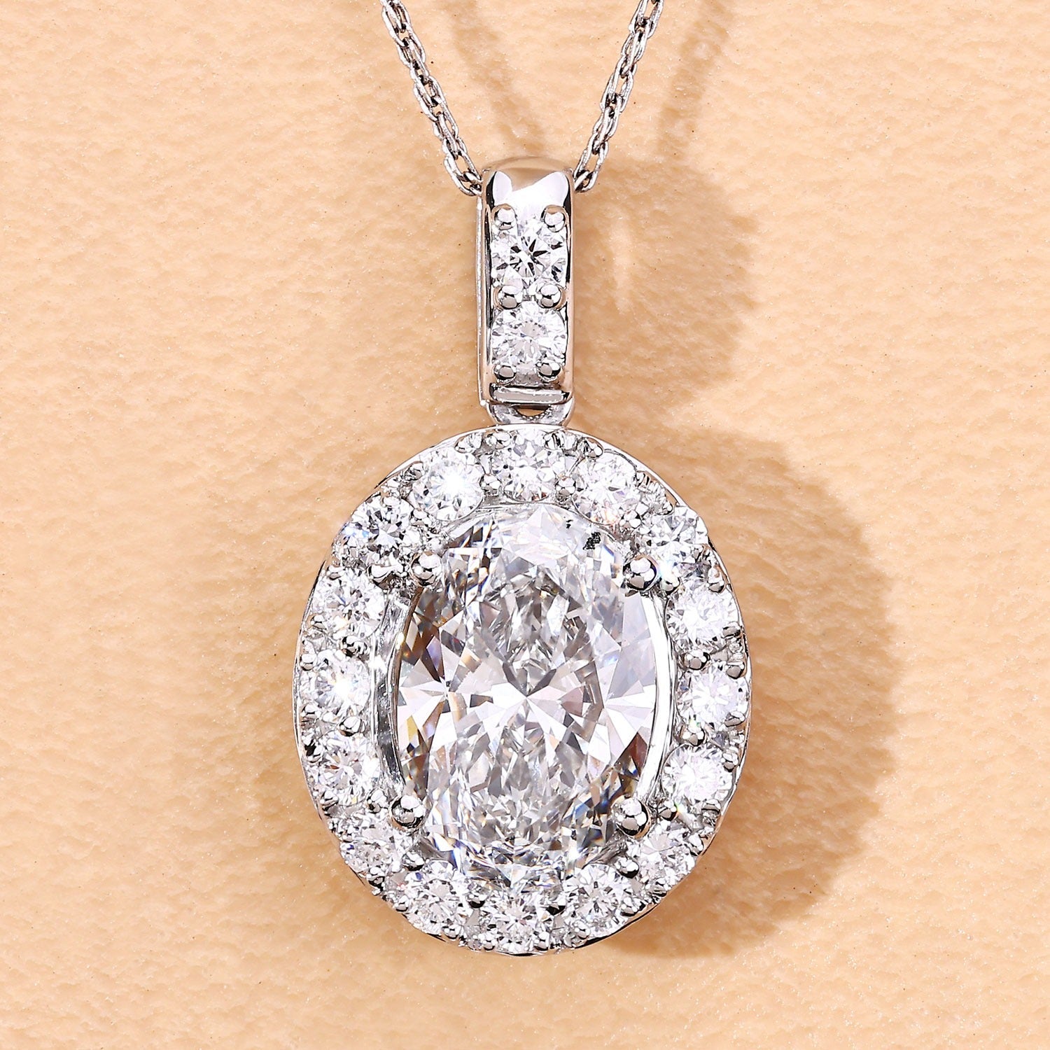 2.62 Ct Oval  Lab Grown Diamond Prong Platinum Halo Bridal Pendant