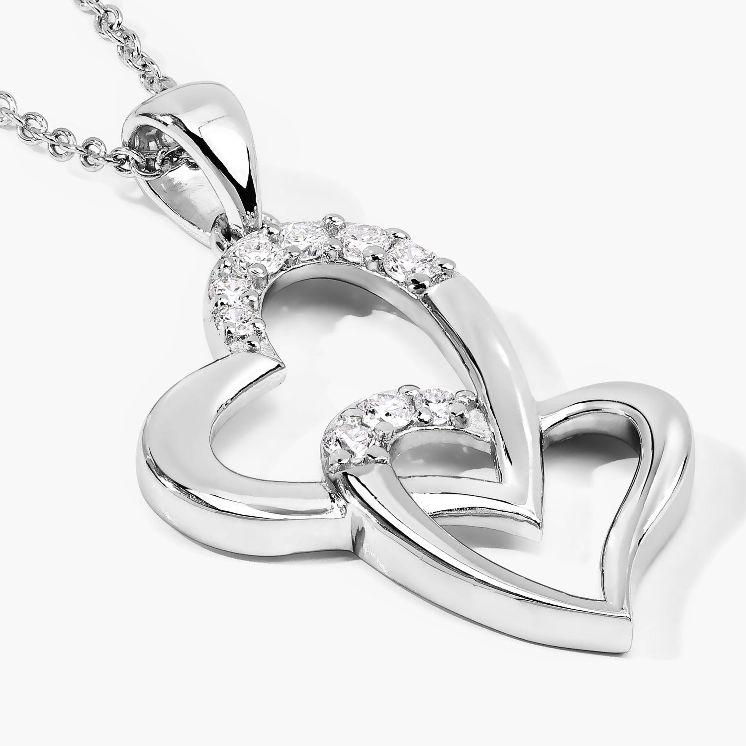 0.26 Cttw Round Lab Diamond Prong Rhodium Plated Silver Intertwined Double Heart Pendant