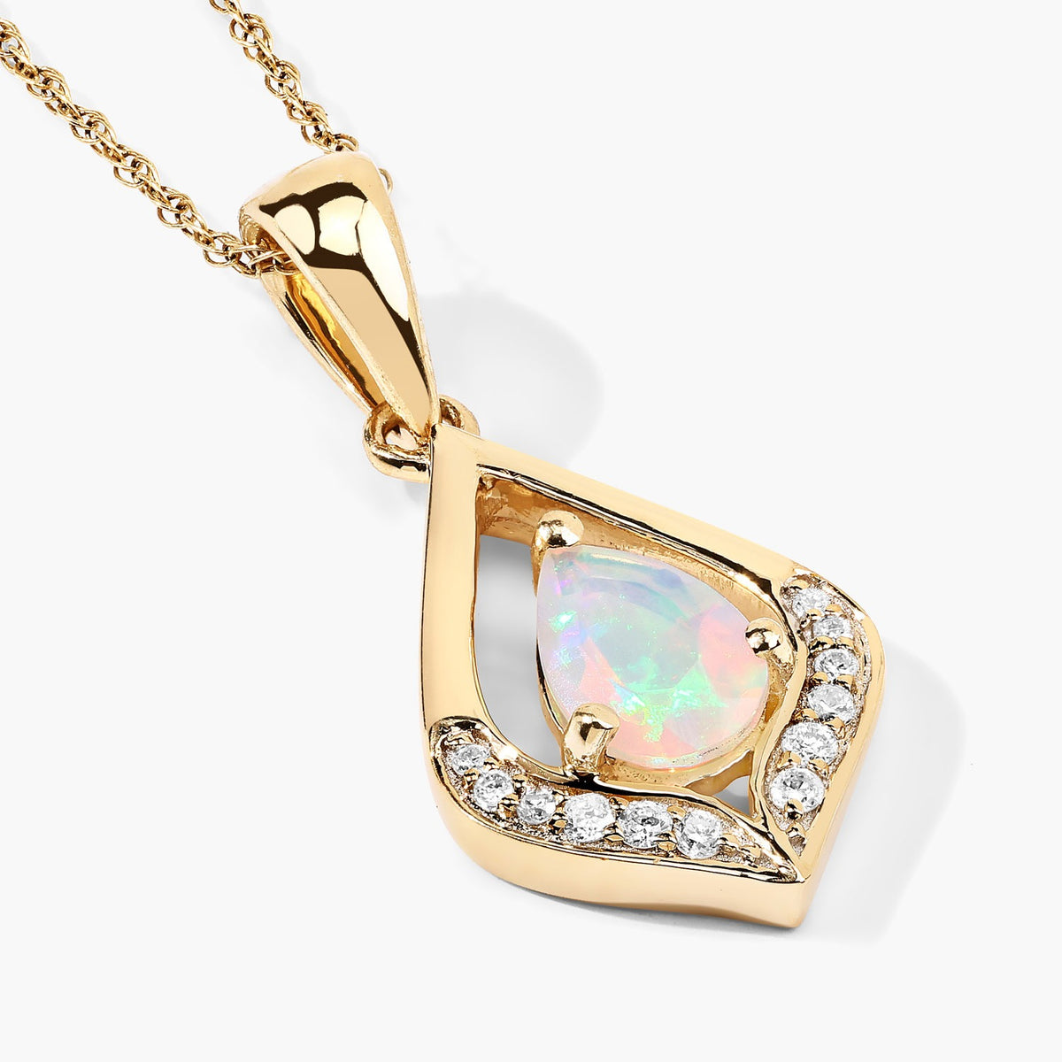 0.29 Cttw Pear White Ethiopian Opal White Natural Diamond 14K Yellow Gold Teardrop Pendant
