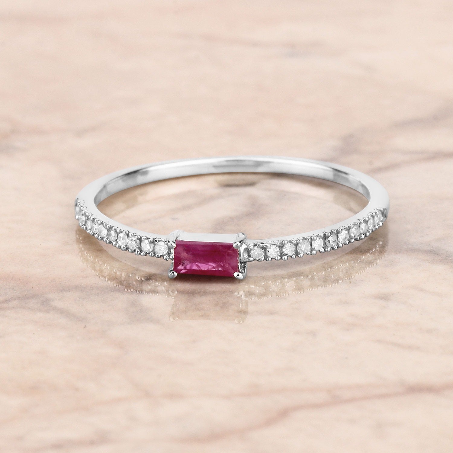 0.22 Ct Baguette Cut Pink Ruby and White Diamond Prong 14K White Gold Bridge Stackable Pave Ring