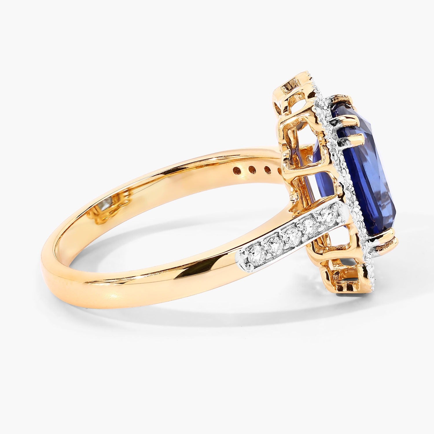 3.21 Ct Cushion Ceylon Blue Sapphire and White Diamond Prong 18K Gold Halo Statement Ring