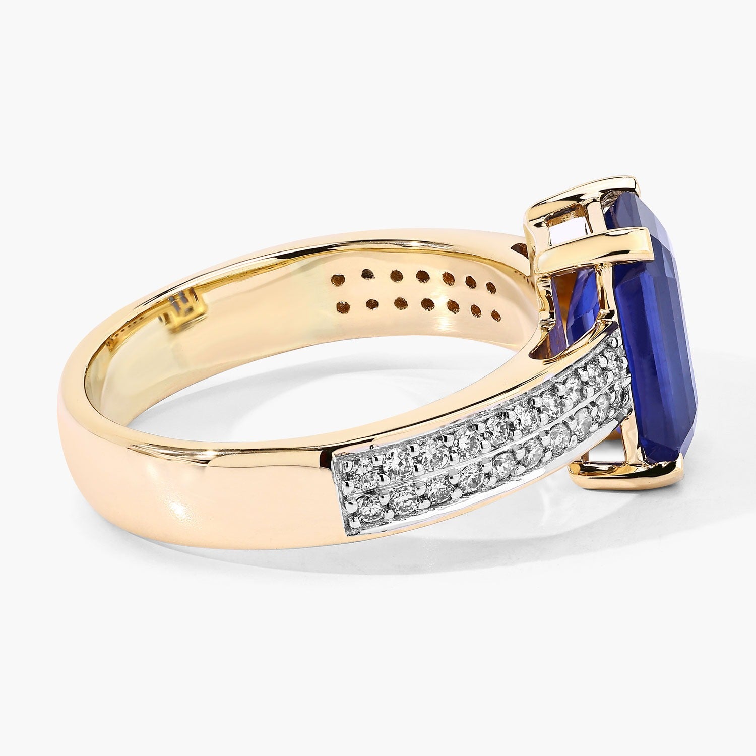 3.14 Ct Octagon Ceylon Blue Sapphire and White Diamond Prong 18K Yellow Gold Pave Bridge Ring
