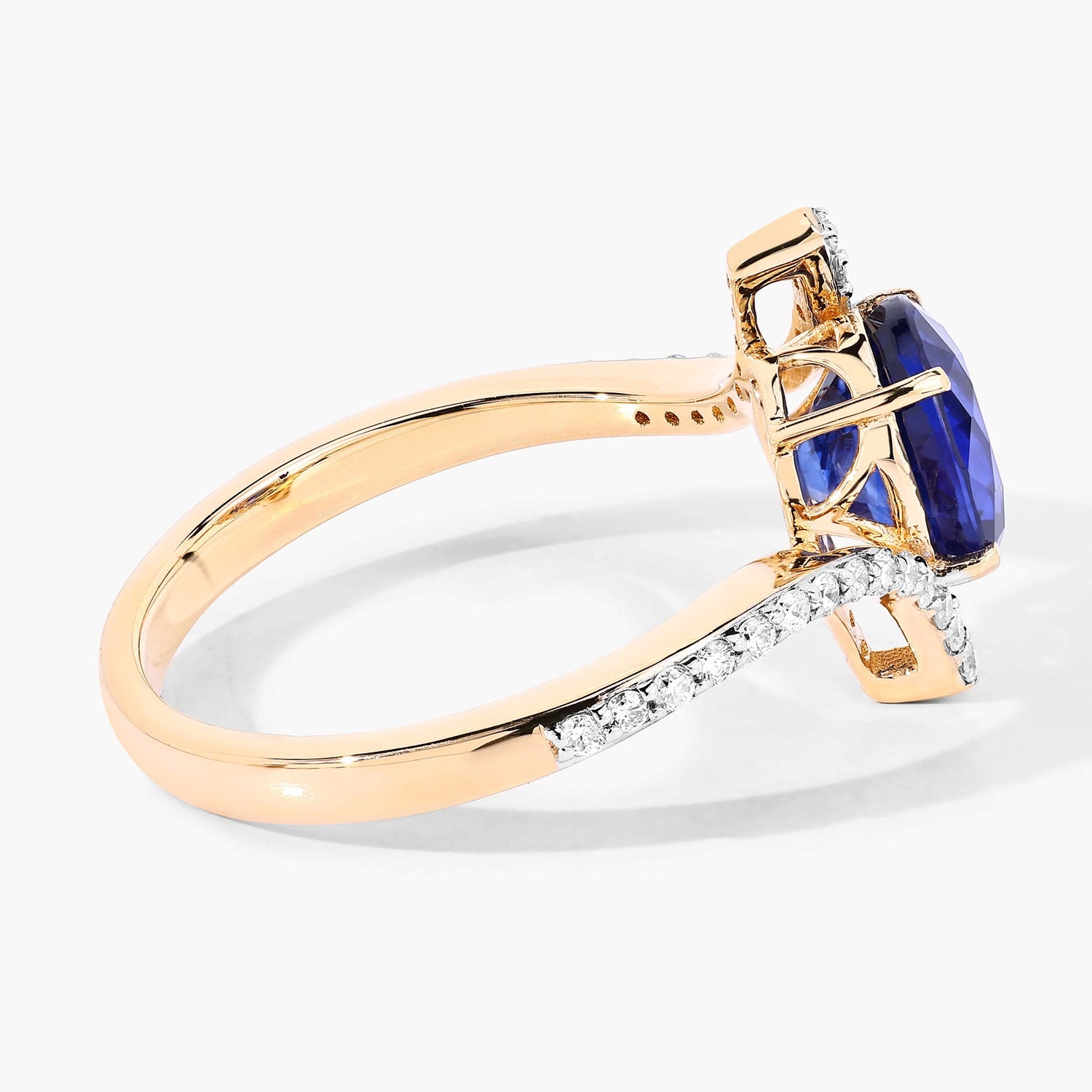 2.42 Ct Oval Ceylon Blue Sapphire and White Diamond Prong 18K Yellow Gold Pave Bypass Ring