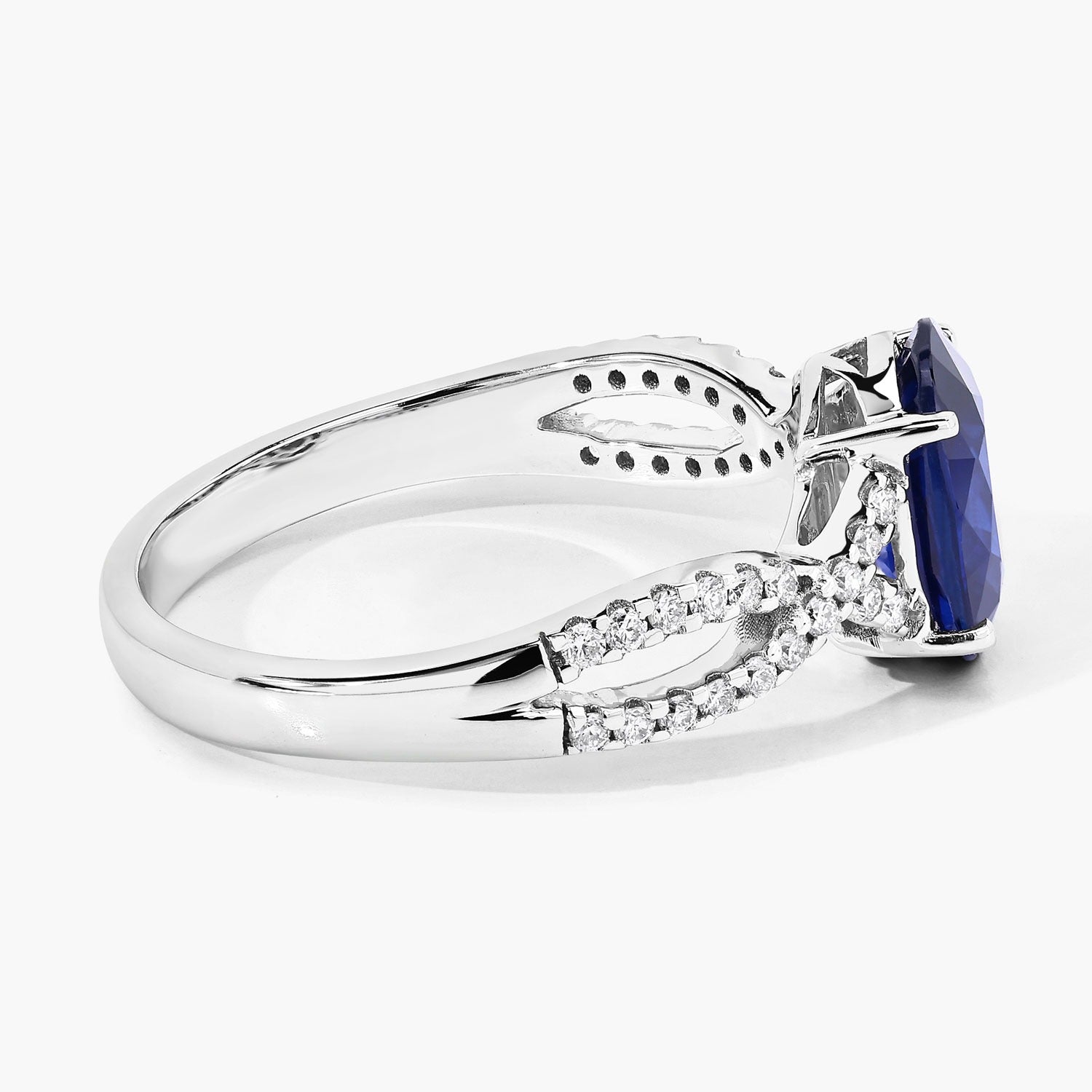 2.18 Ct Oval Ceylon Blue Sapphire and White Diamond Prong 18K White Gold Pave Crossover Engagement Ring