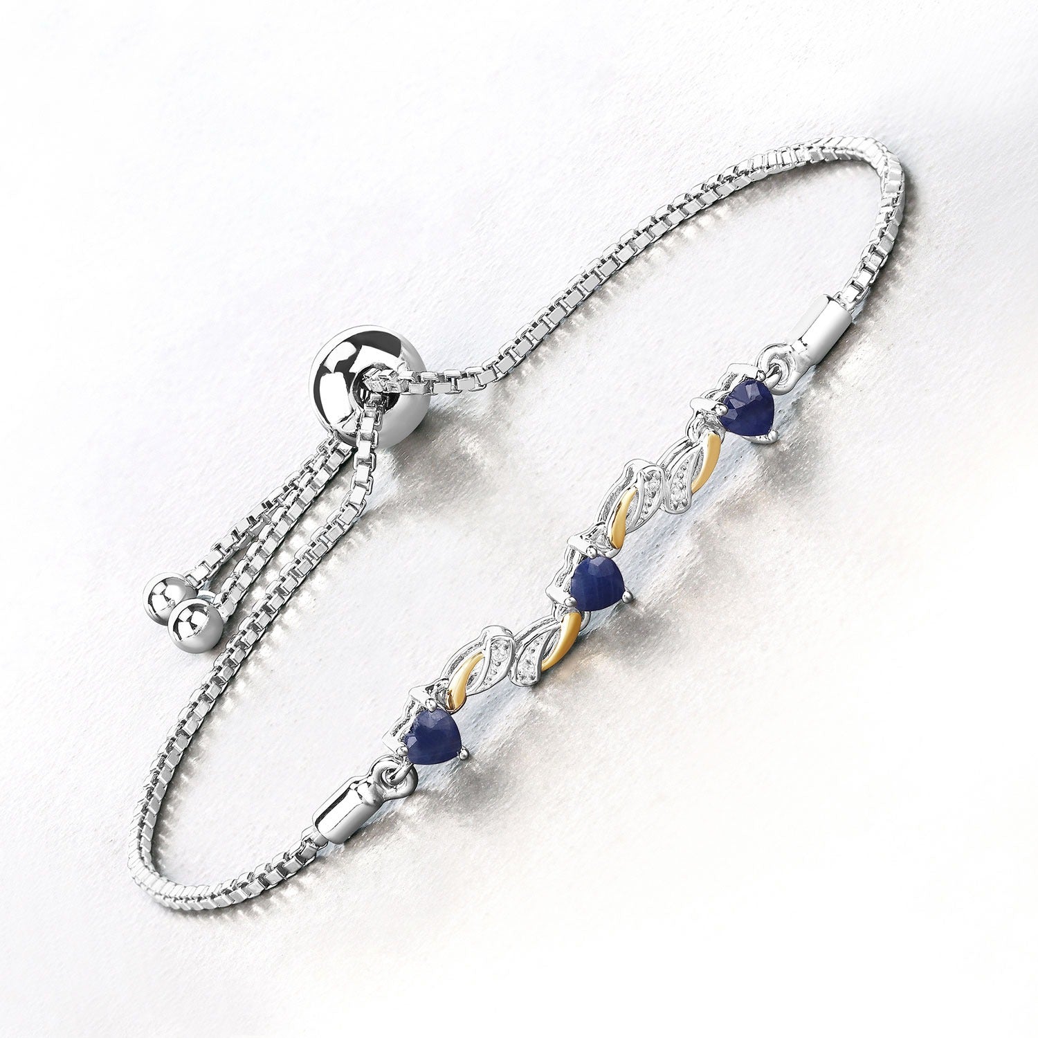 Genuine Blue Sapphire and White Sapphire Silver  Heart Bracelet
