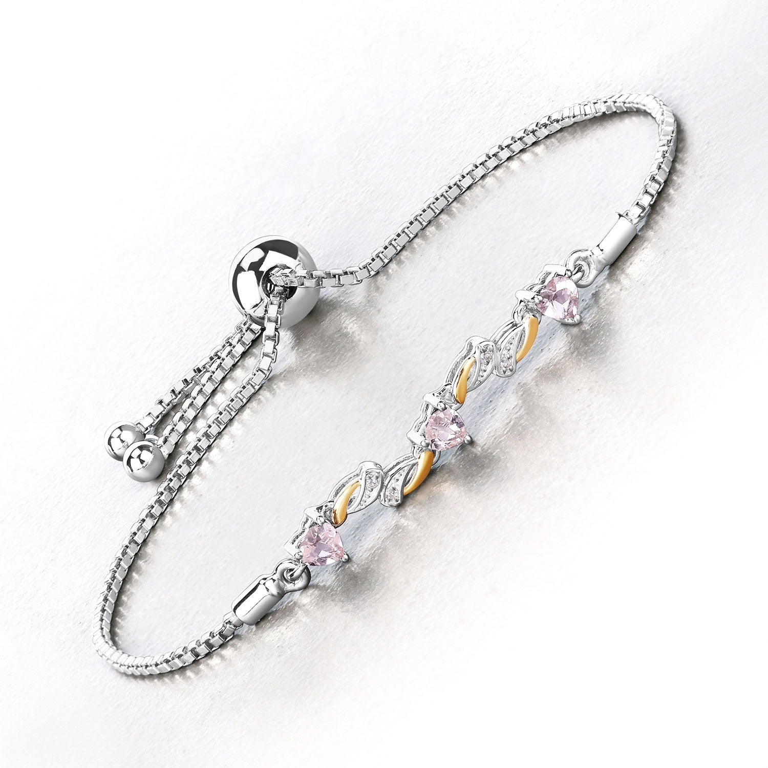 Genuine Morganite and White Sapphire Silver Heart Bracelet