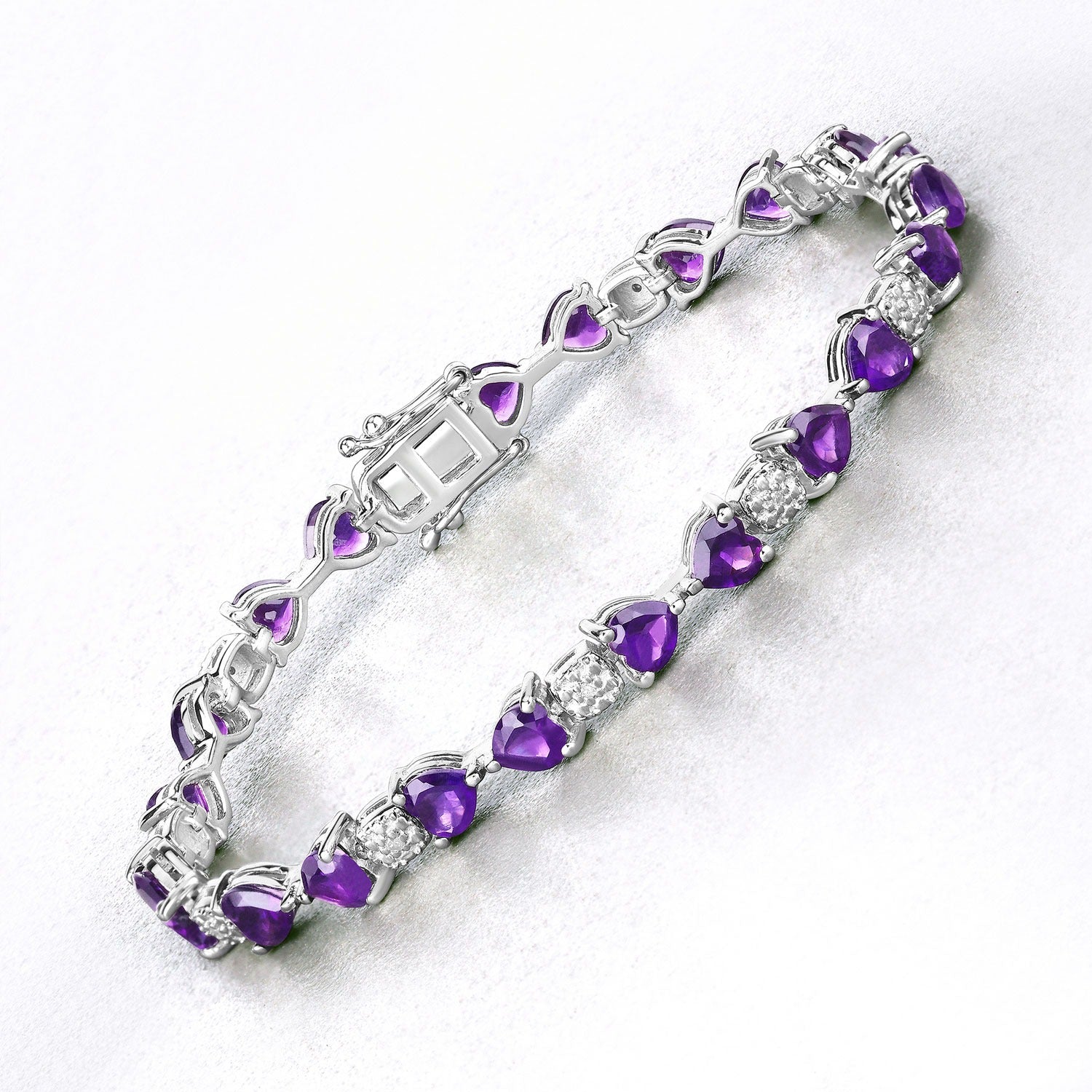 Genuine Amethyst and Diamond Silver Heart Bracelet