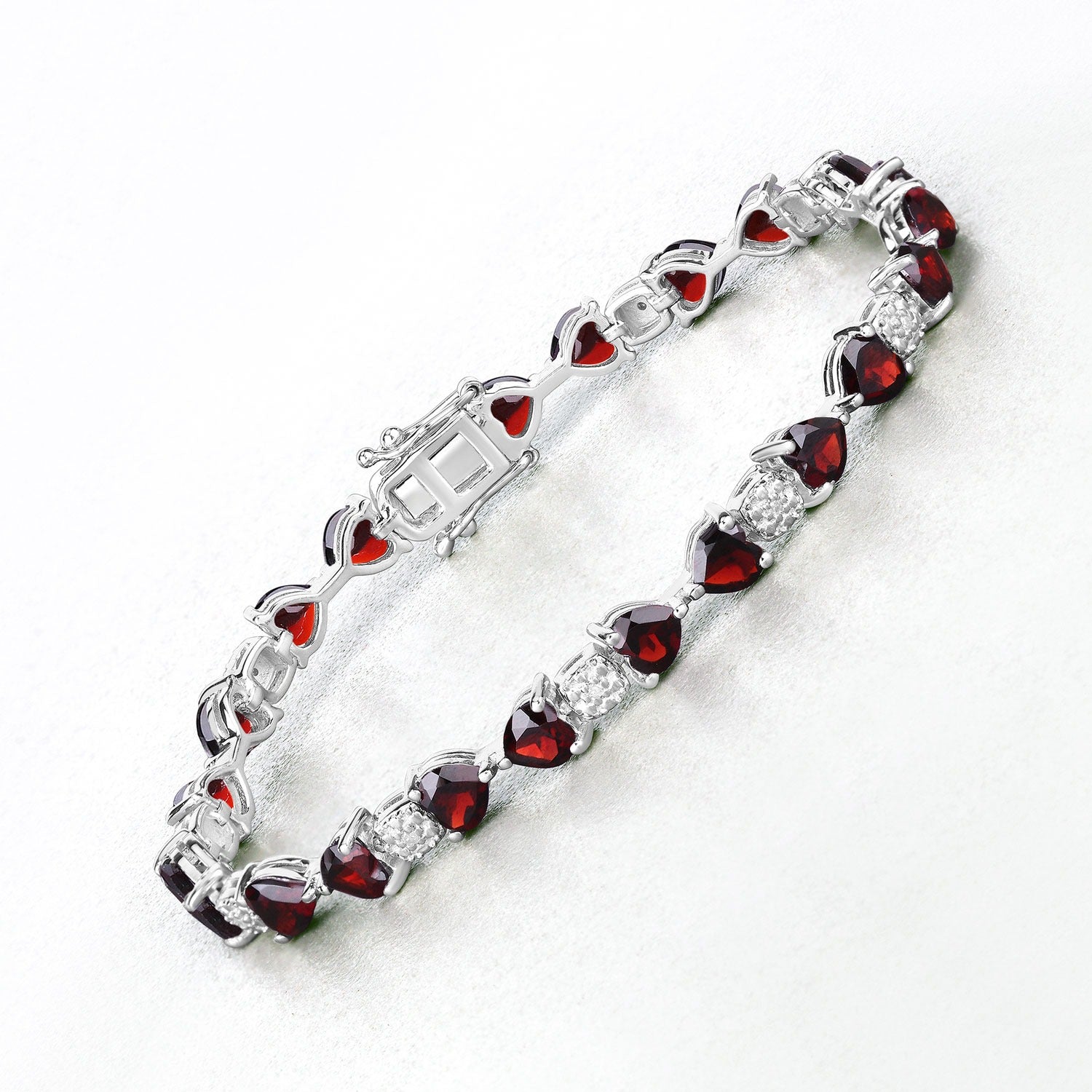 Genuine Red Garnet and Diamond Silver Heart Bracelet